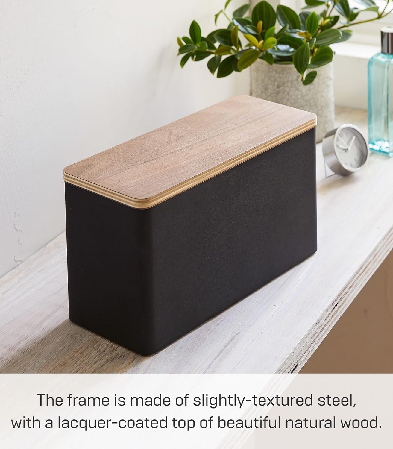 image:imageYAMAZAKI Home Rin Countertop Organizer Bathroom Kitchen Counter Organizer Metal Toiletries Holder Steel WoodBlack