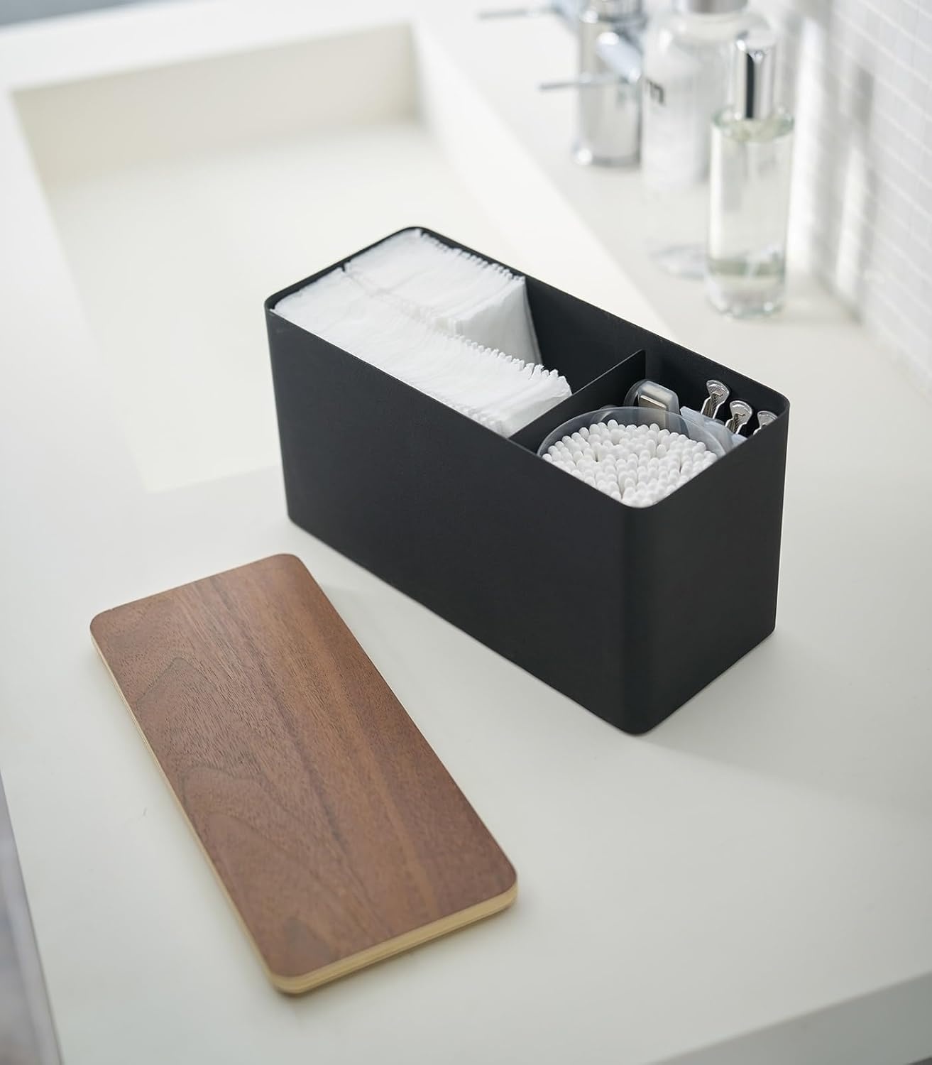 image:imageYAMAZAKI Home Rin Countertop Organizer Bathroom Kitchen Counter Organizer Metal Toiletries Holder Steel WoodBlack