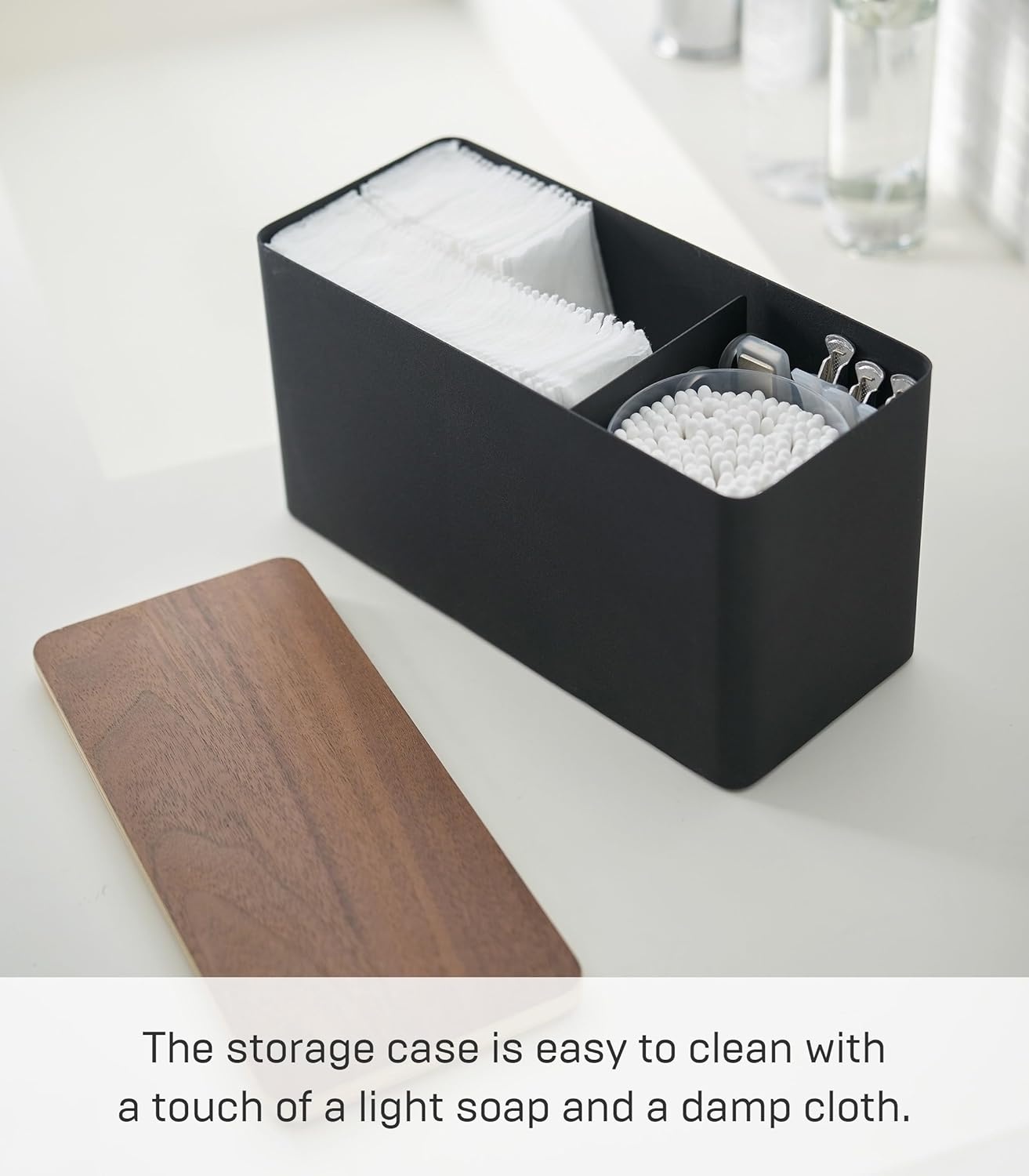 image:imageYAMAZAKI Home Rin Countertop Organizer Bathroom Kitchen Counter Organizer Metal Toiletries Holder Steel WoodBlack