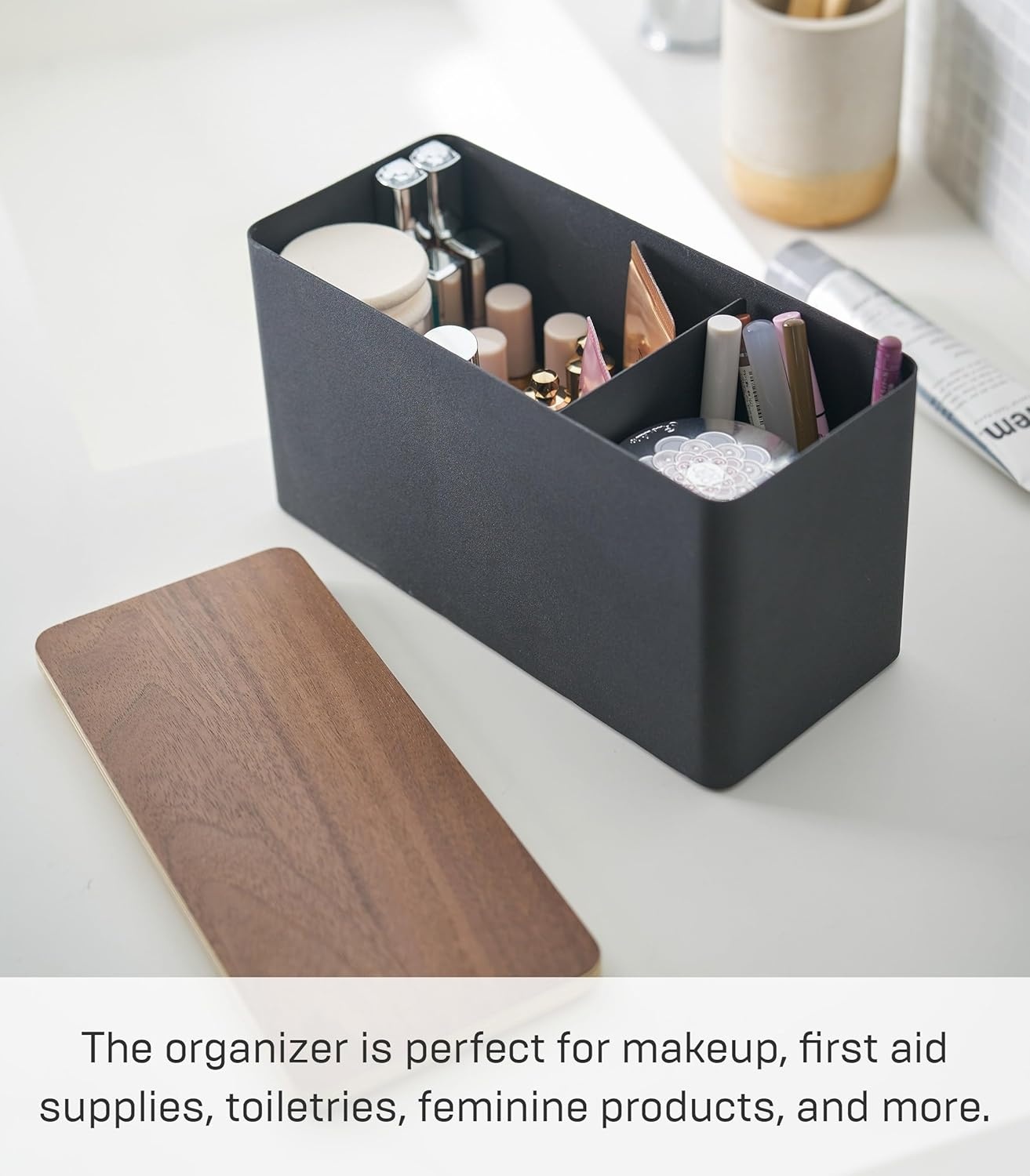 image:imageYAMAZAKI Home Rin Countertop Organizer Bathroom Kitchen Counter Organizer Metal Toiletries Holder Steel WoodBlack