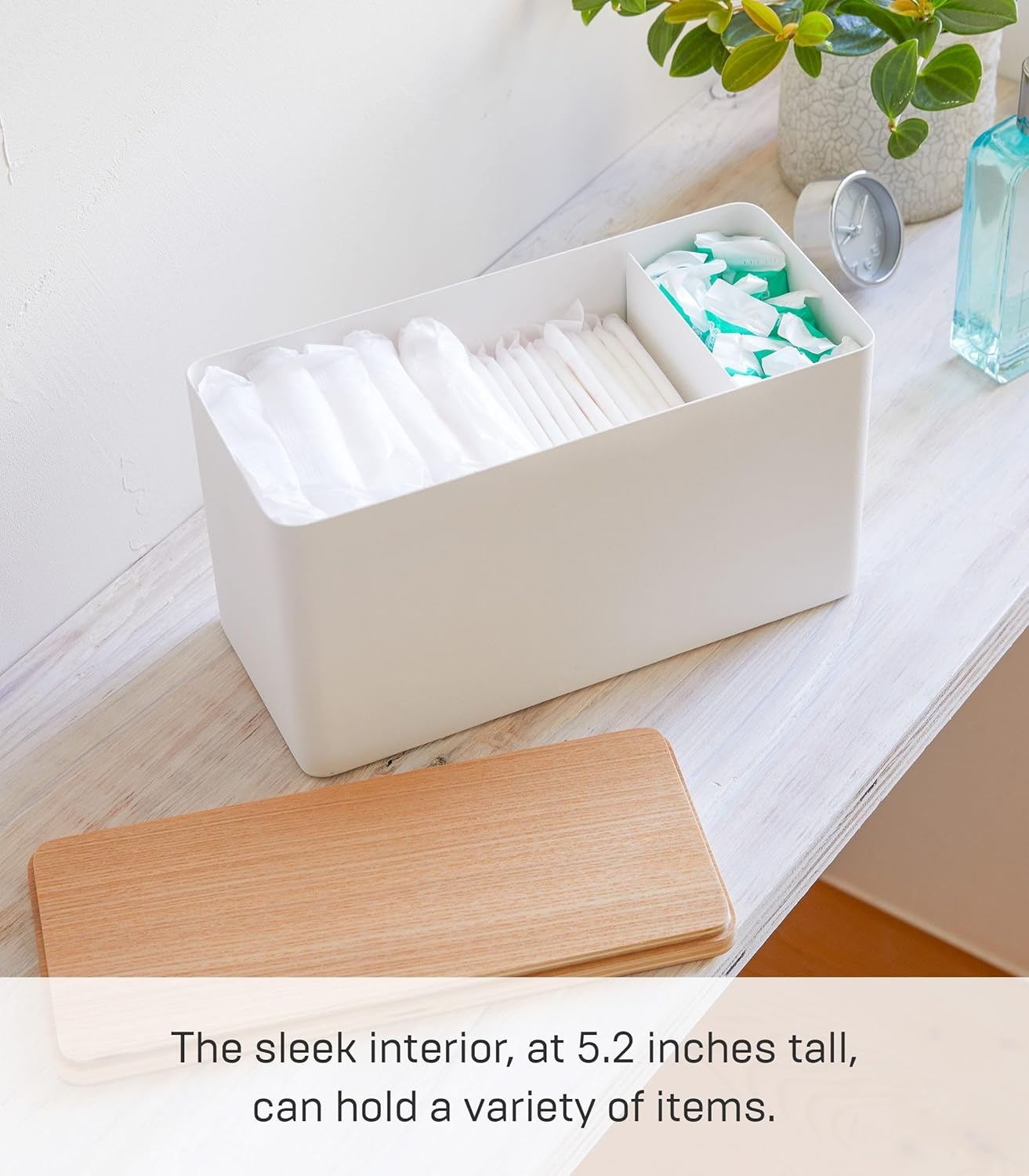 image:imageYAMAZAKI Home Rin Countertop Organizer Bathroom Kitchen Counter Organizer Metal Toiletries Holder Steel WoodWhite