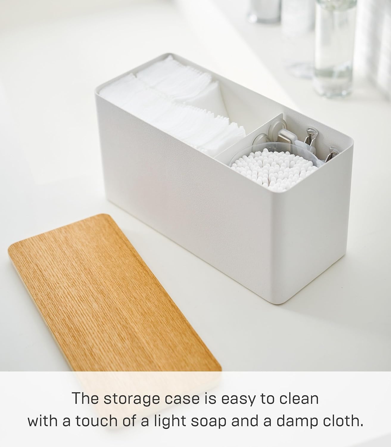 image:imageYAMAZAKI Home Rin Countertop Organizer Bathroom Kitchen Counter Organizer Metal Toiletries Holder Steel WoodWhite