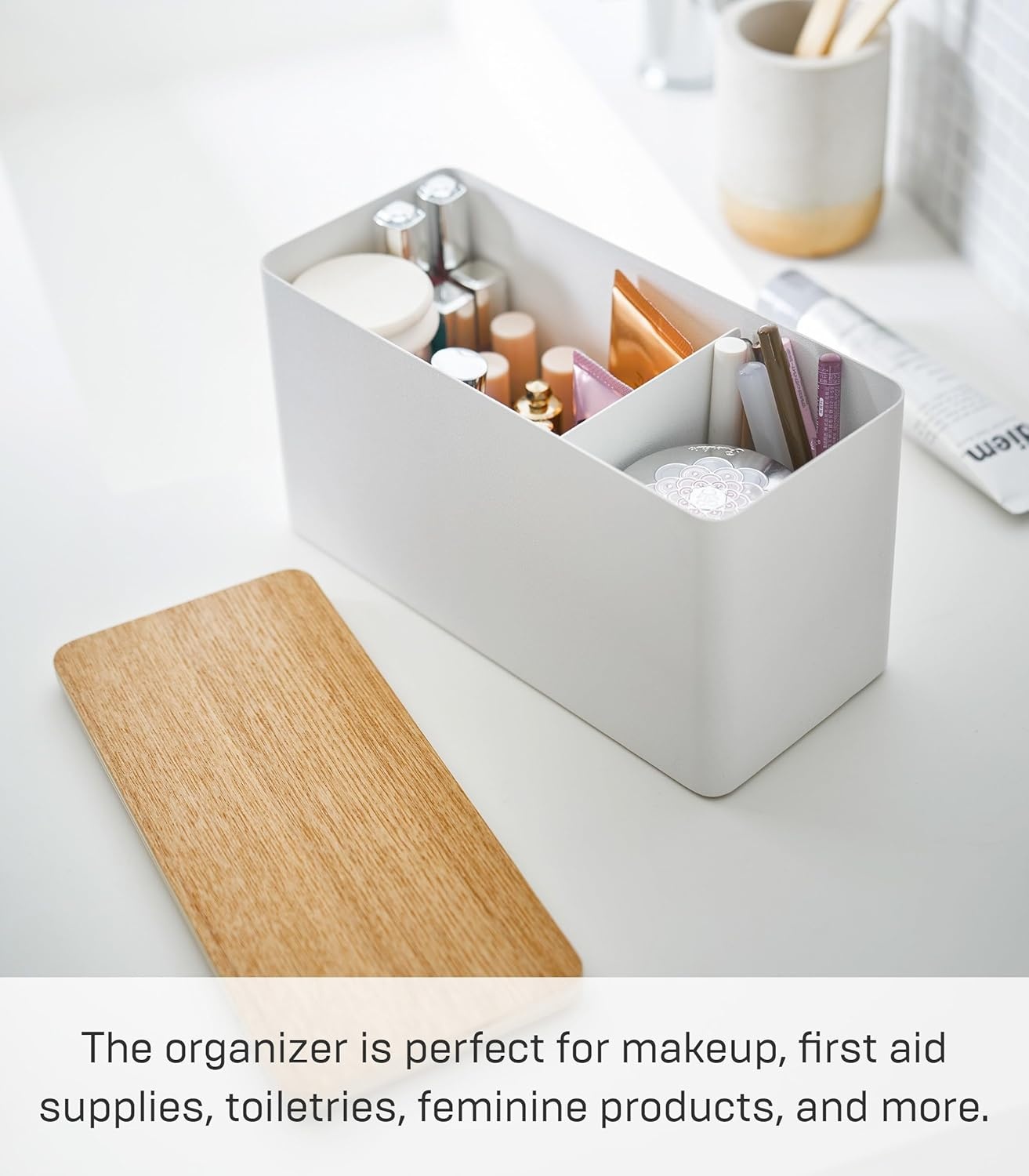 image:imageYAMAZAKI Home Rin Countertop Organizer Bathroom Kitchen Counter Organizer Metal Toiletries Holder Steel WoodWhite