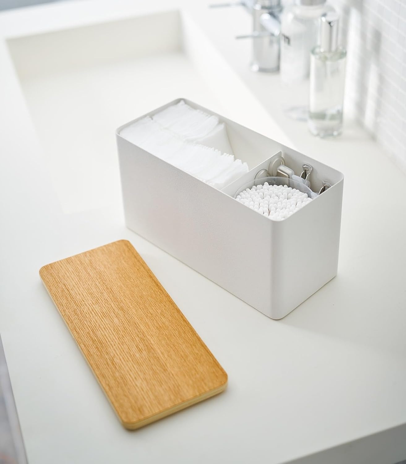 image:imageYAMAZAKI Home Rin Countertop Organizer Bathroom Kitchen Counter Organizer Metal Toiletries Holder Steel WoodWhite