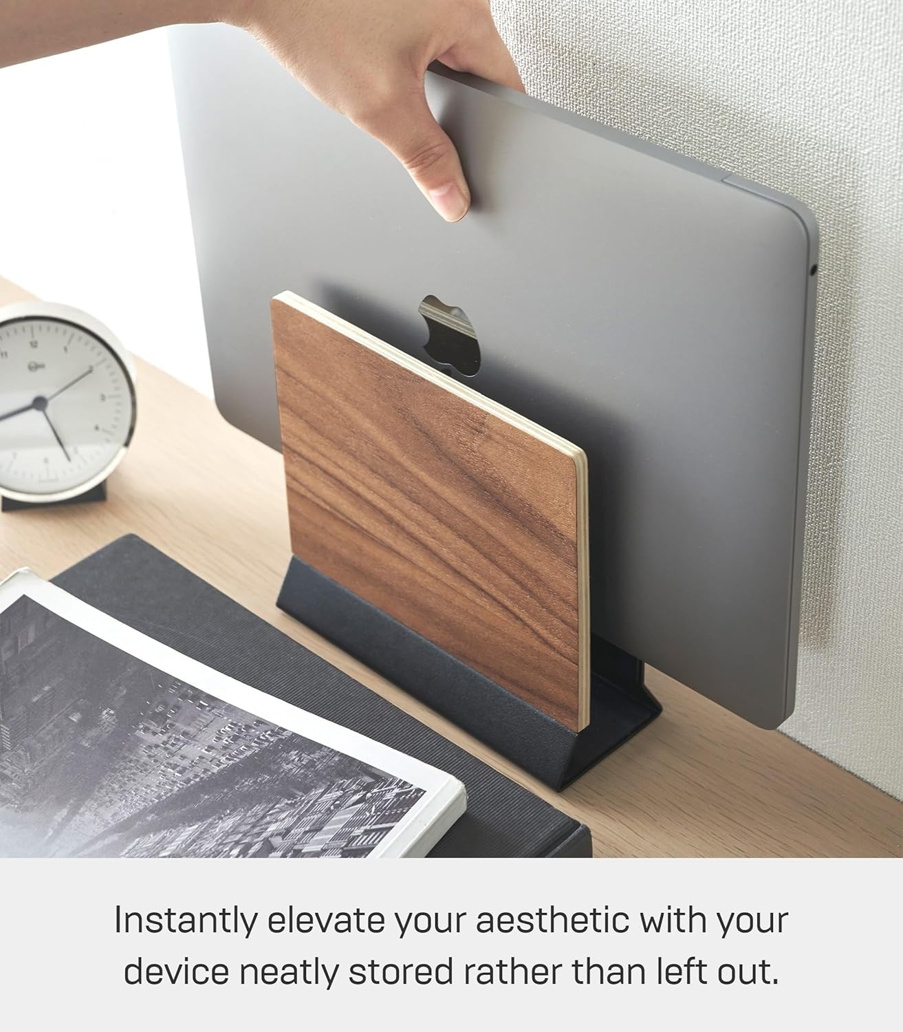 image:imageYAMAZAKI Home Rin Portable Laptop Holder Stand for Desk in Bedroom Or Office Wooden Storage Station Steel Woodbrown french toast 191012tcx