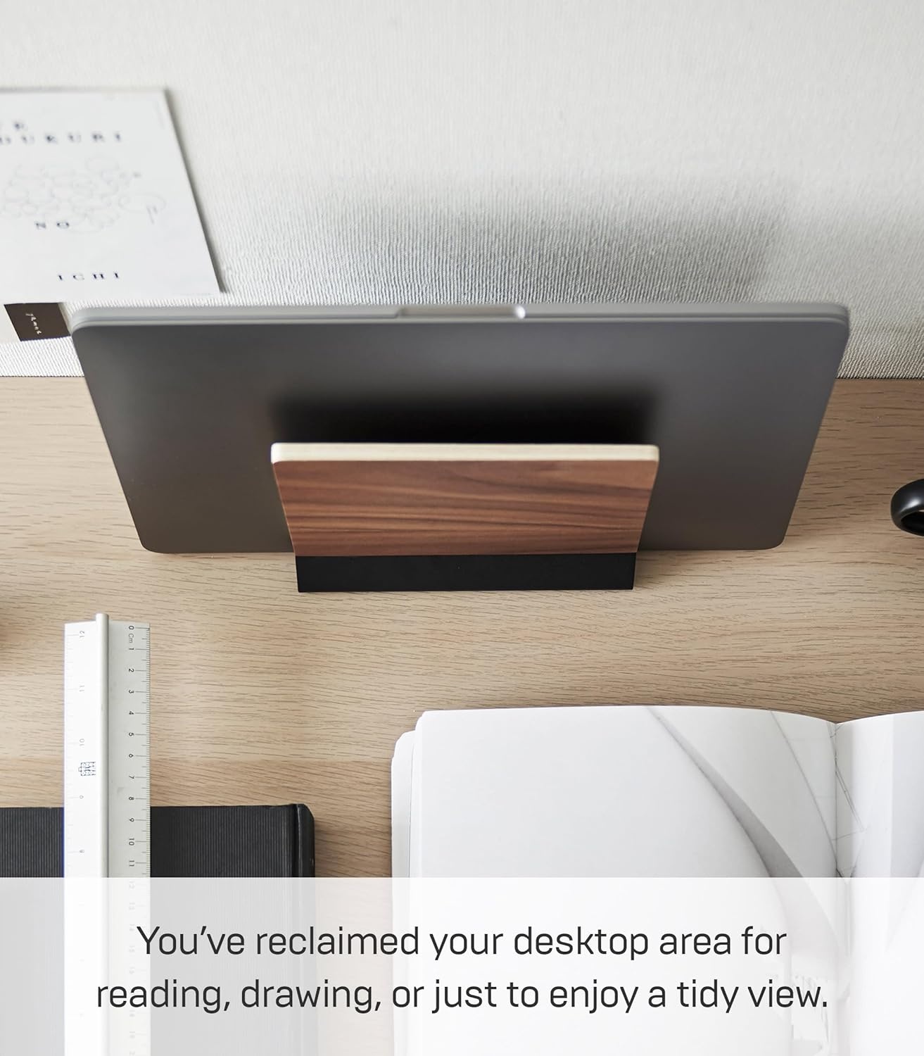 image:imageYAMAZAKI Home Rin Portable Laptop Holder Stand for Desk in Bedroom Or Office Wooden Storage Station Steel Woodbrown french toast 191012tcx