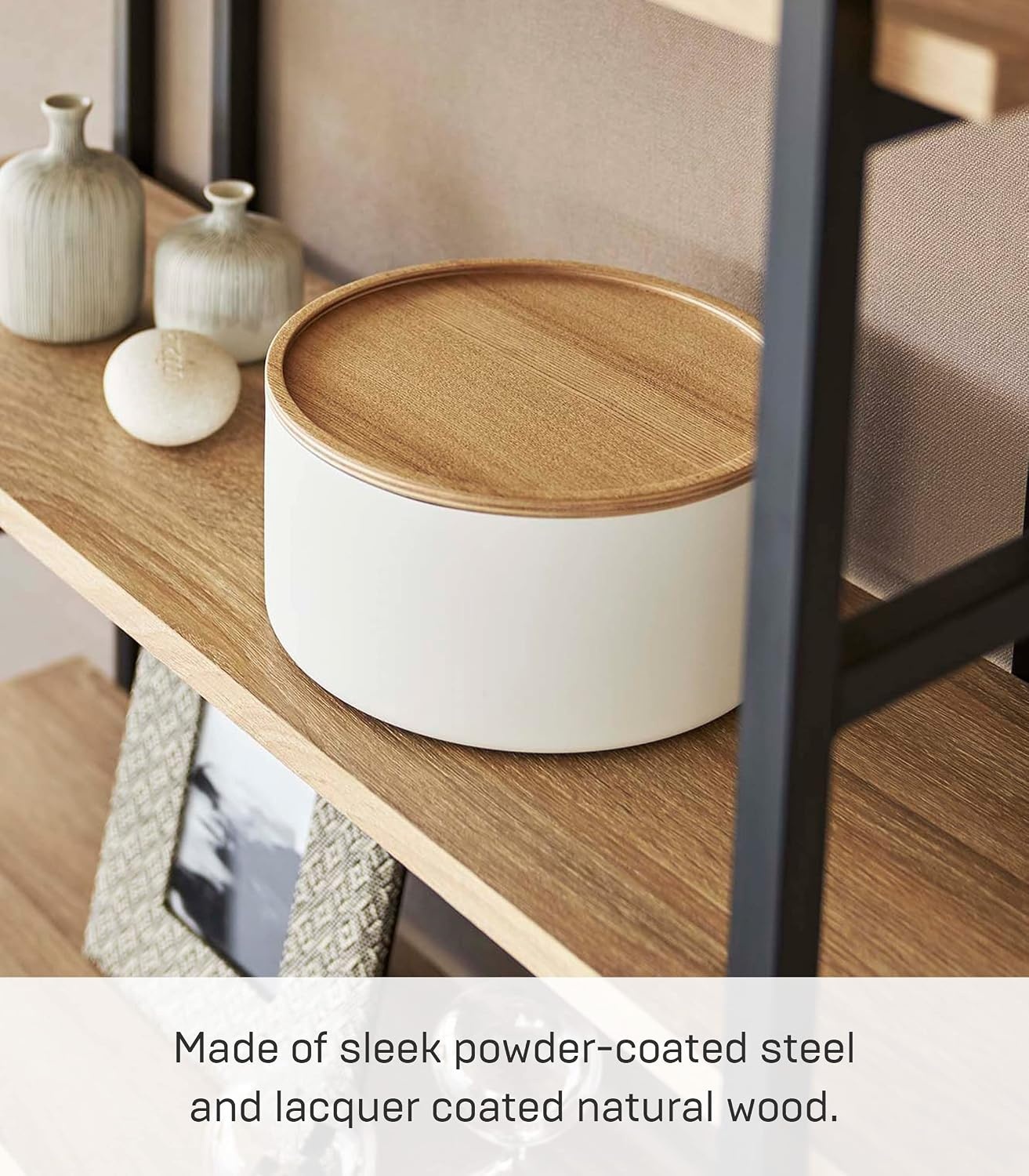 image:imageYAMAZAKI Home Rin Round Storage Case Snacks Toy Or Craft Supplies Holder Sewing Box Organizer Wooden Lid Tray Tall Steel WoodAsh
