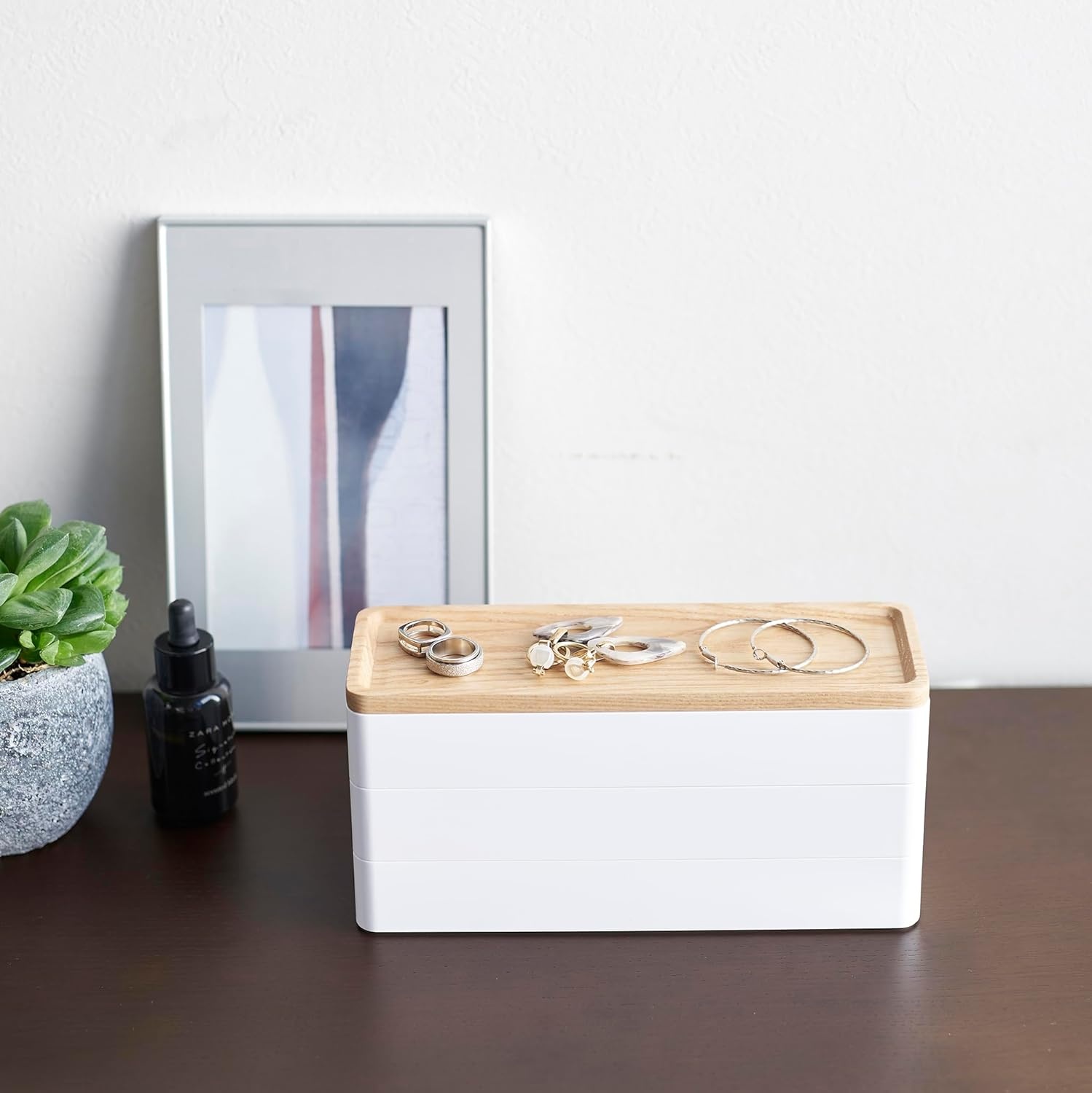 image:imageYAMAZAKI Home Rin Stacking Watch And Accessory Case Jewelry Box Organizer For Glasses Plastic WoodWhite