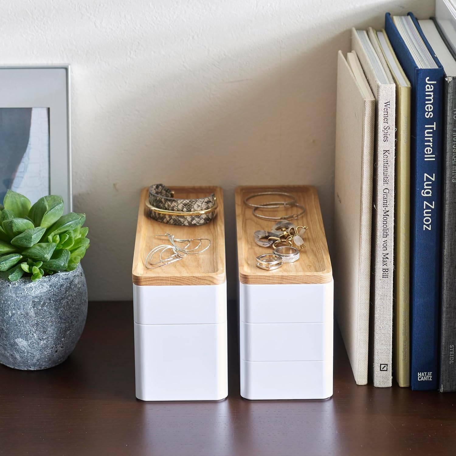 image:imageYAMAZAKI Home Rin Stacking Watch And Accessory Case Jewelry Box Organizer For Glasses Plastic WoodWhite