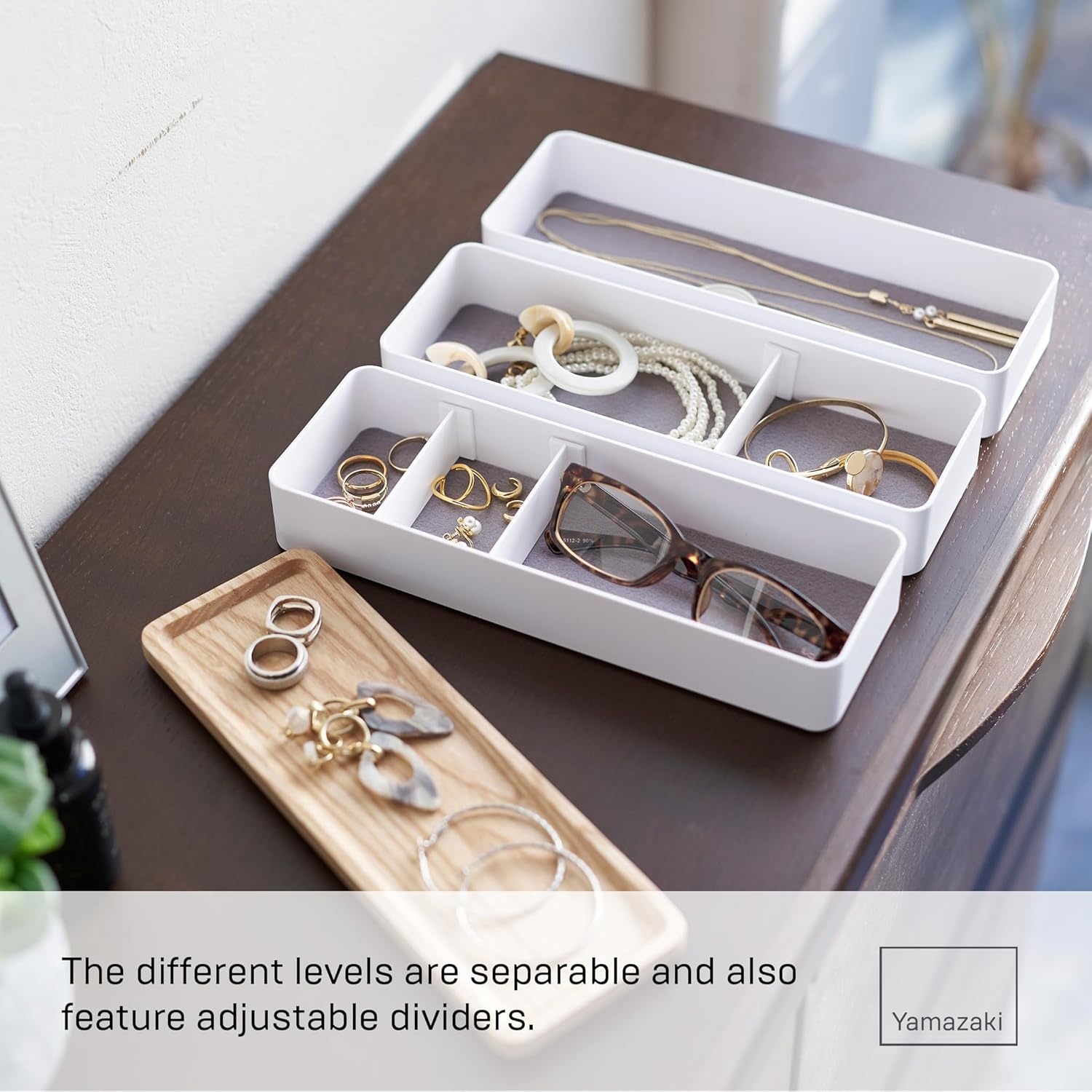 image:imageYAMAZAKI Home Rin Stacking Watch And Accessory Case Jewelry Box Organizer For Glasses Plastic WoodWhite