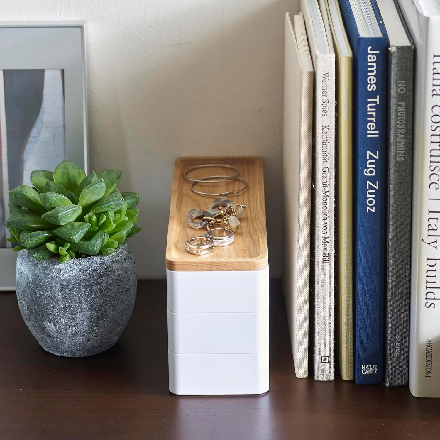 image:imageYAMAZAKI Home Rin Stacking Watch And Accessory Case Jewelry Box Organizer For Glasses Plastic WoodWhite