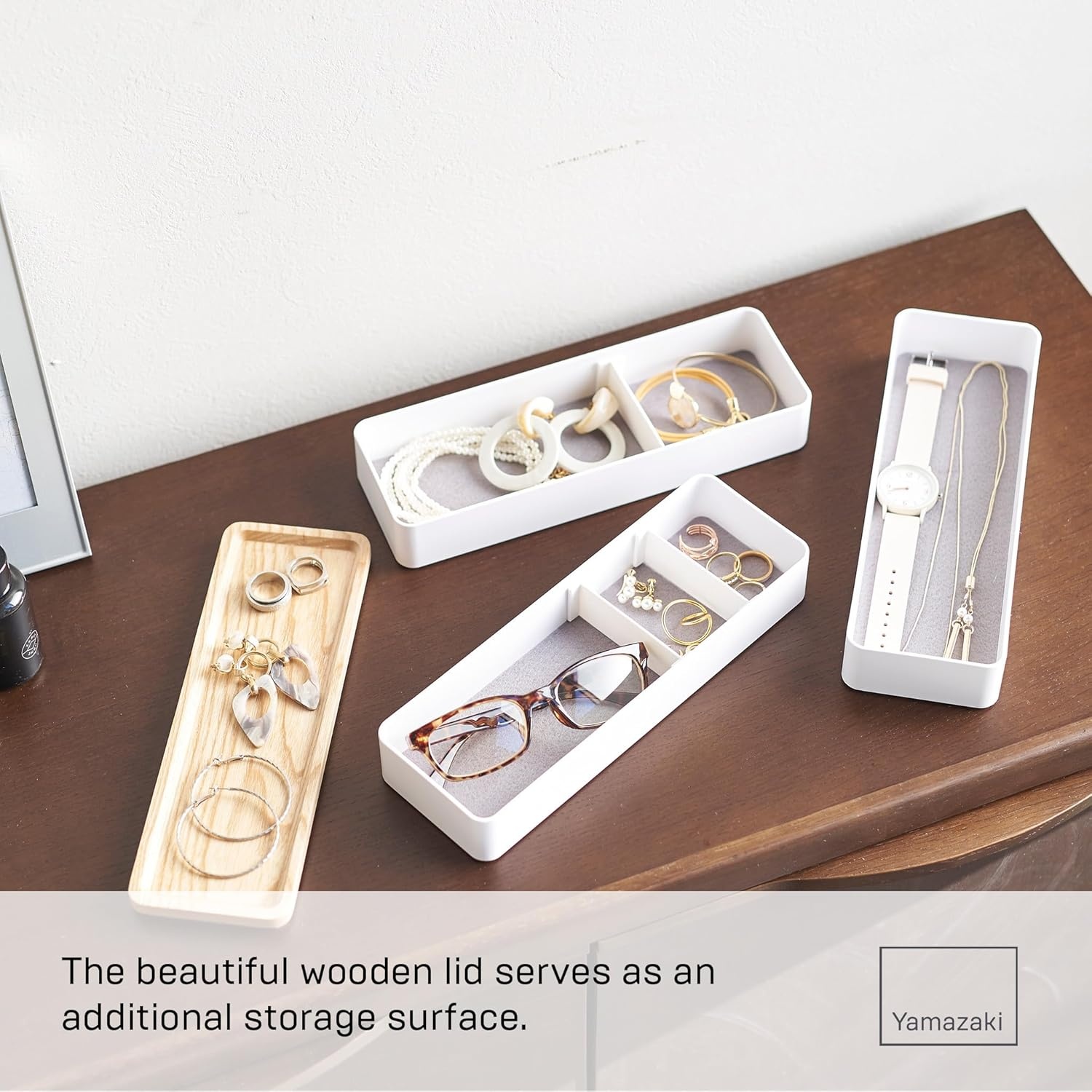 image:imageYAMAZAKI Home Rin Stacking Watch And Accessory Case Jewelry Box Organizer For Glasses Plastic WoodWhite