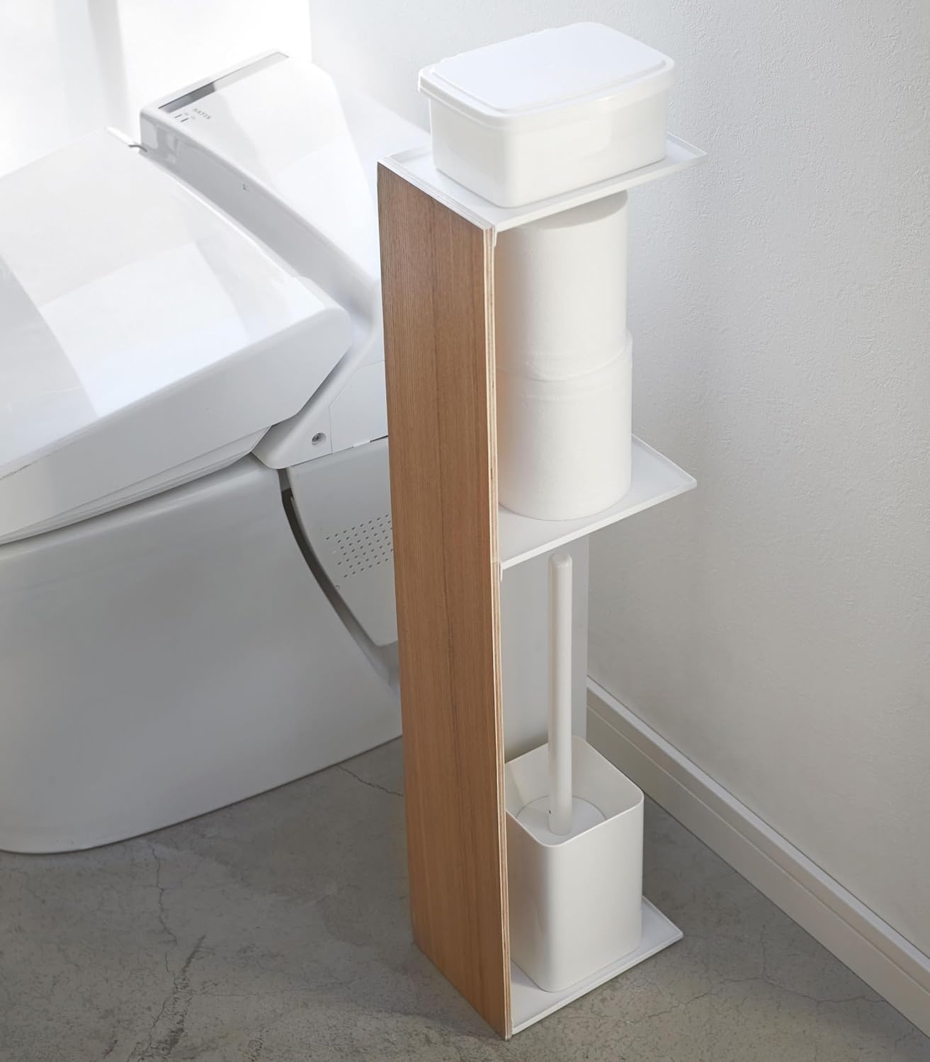 image:imageYAMAZAKI Home Rin Toilet Organizer Slim Bathroom Storage Shelves Steel Wood Ash