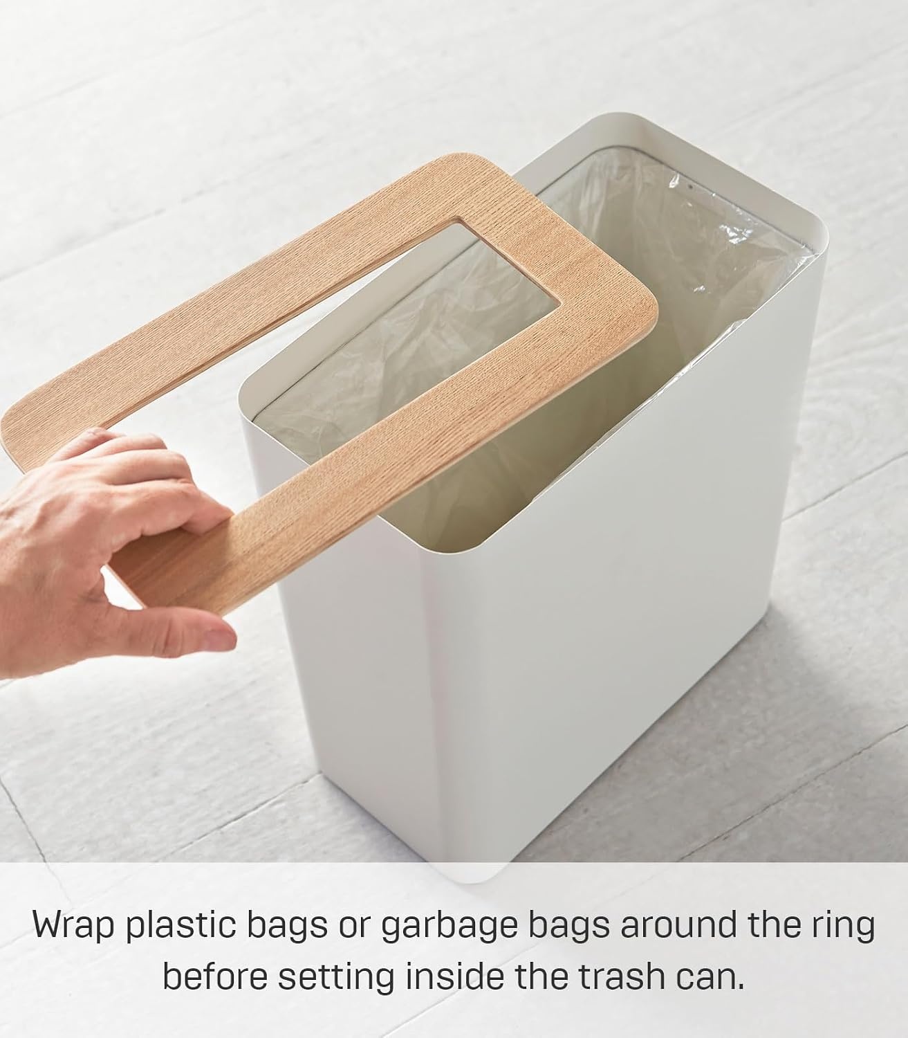 image:imageYAMAZAKI Home Rin Trash Can Small Modern Home Wastebasket for Bathroom Kitchen Office Rectangle Steel WoodAsh