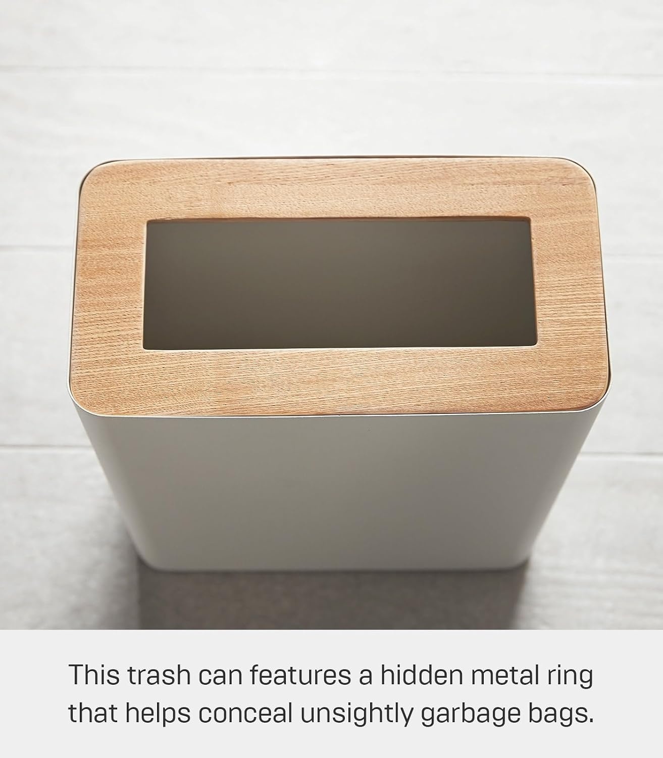 image:imageYAMAZAKI Home Rin Trash Can Small Modern Home Wastebasket for Bathroom Kitchen Office Rectangle Steel WoodAsh