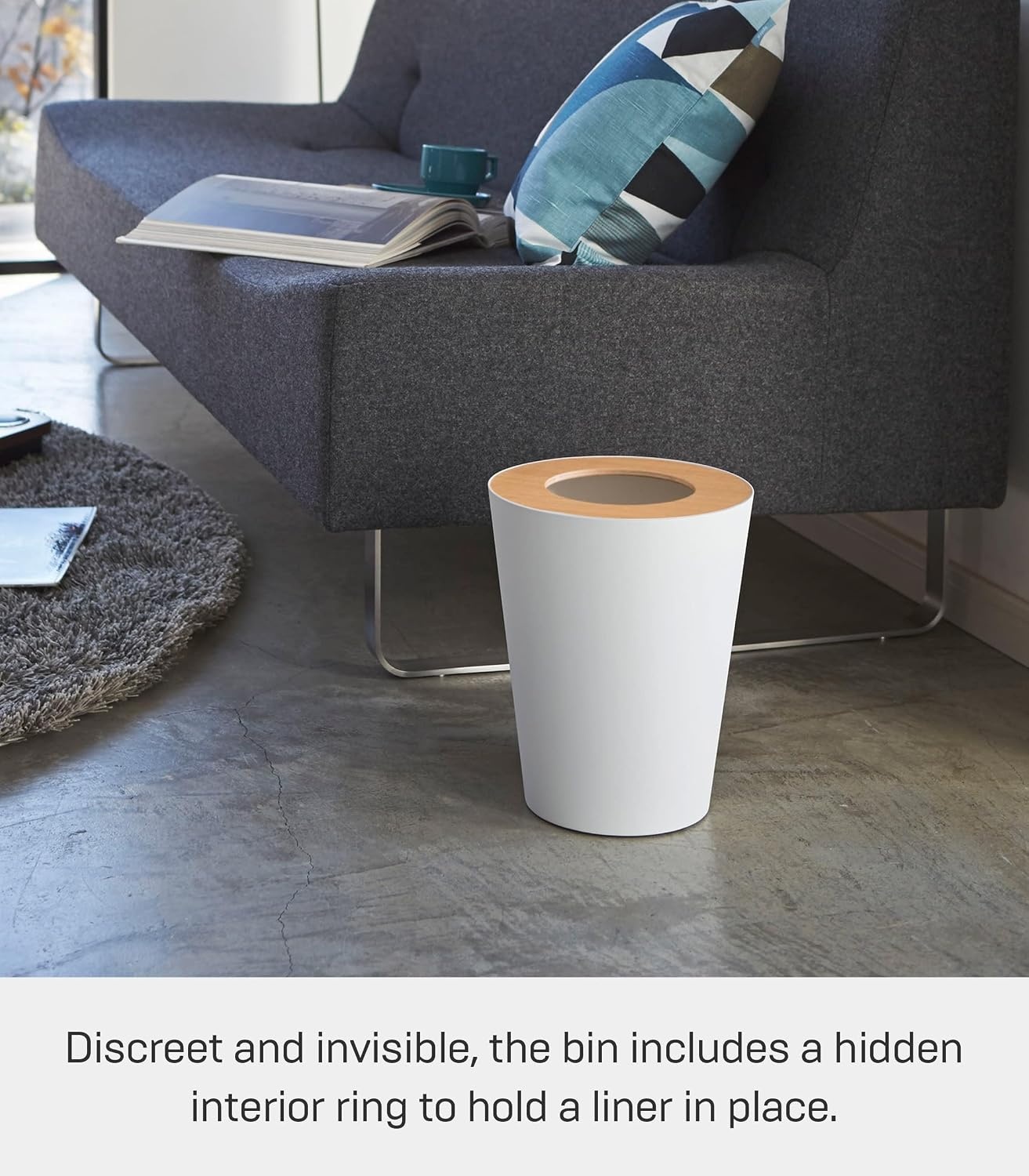 image:imageYAMAZAKI Home Rin Trash Can Small Modern Home Wastebasket for Bathroom Kitchen Office Rectangle Steel WoodAsh