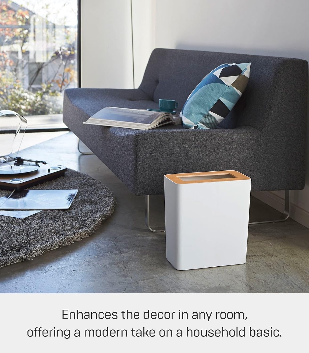 image:imageYAMAZAKI Home Rin Trash Can Small Modern Home Wastebasket for Bathroom Kitchen Office Rectangle Steel WoodAsh