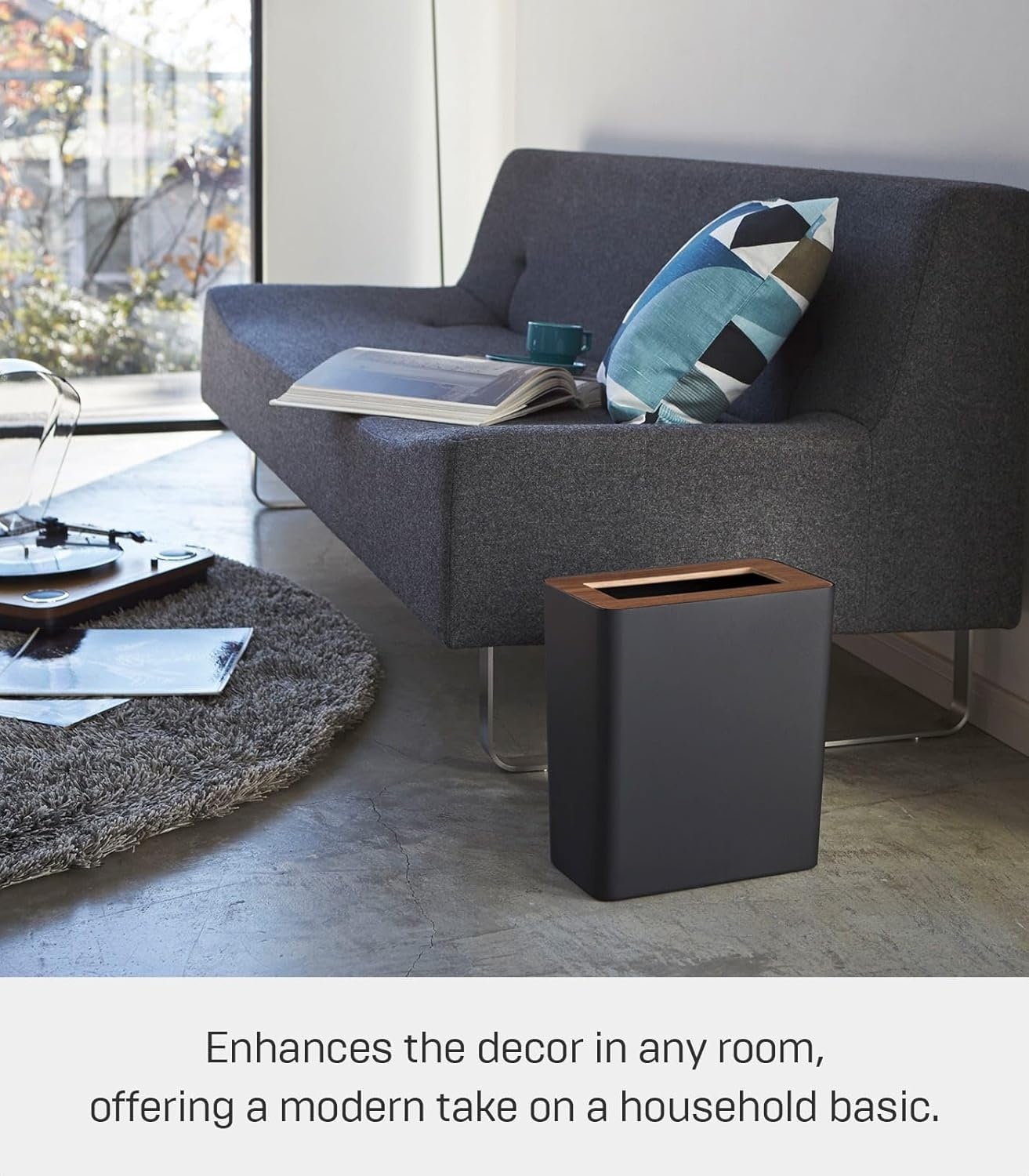 image:imageYAMAZAKI Home Rin Trash Can Small Modern Home Wastebasket for Bathroom Kitchen Office Rectangle Steel WoodWalnut