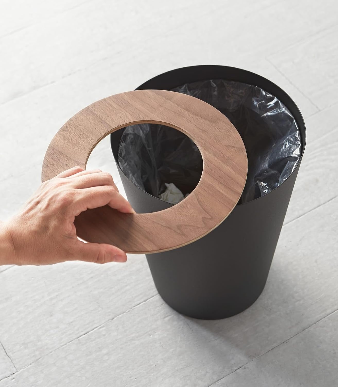 image:imageYAMAZAKI Home Rin Trash Can Small Modern Home Wastebasket for Bathroom Kitchen Office Rectangle Steel WoodWalnut