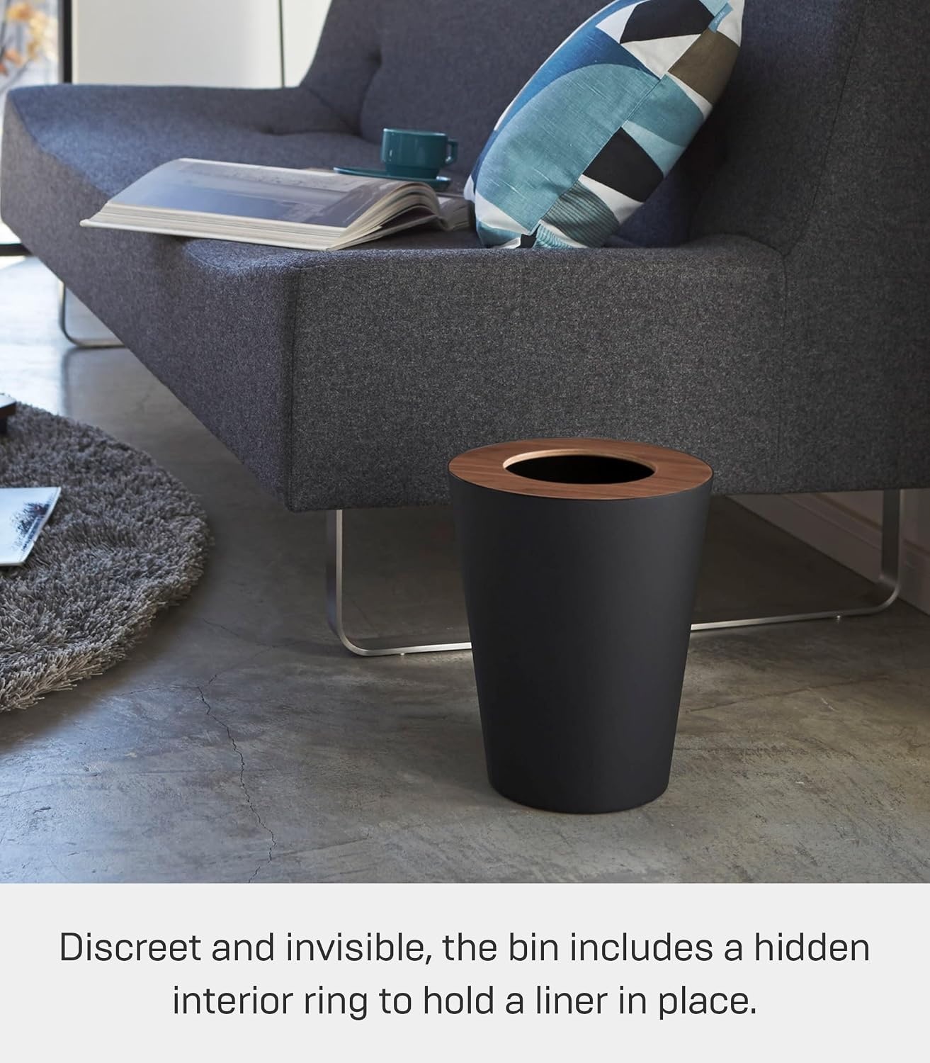 image:imageYAMAZAKI Home Rin Trash Can Small Modern Home Wastebasket for Bathroom Kitchen Office Rectangle Steel WoodWalnut