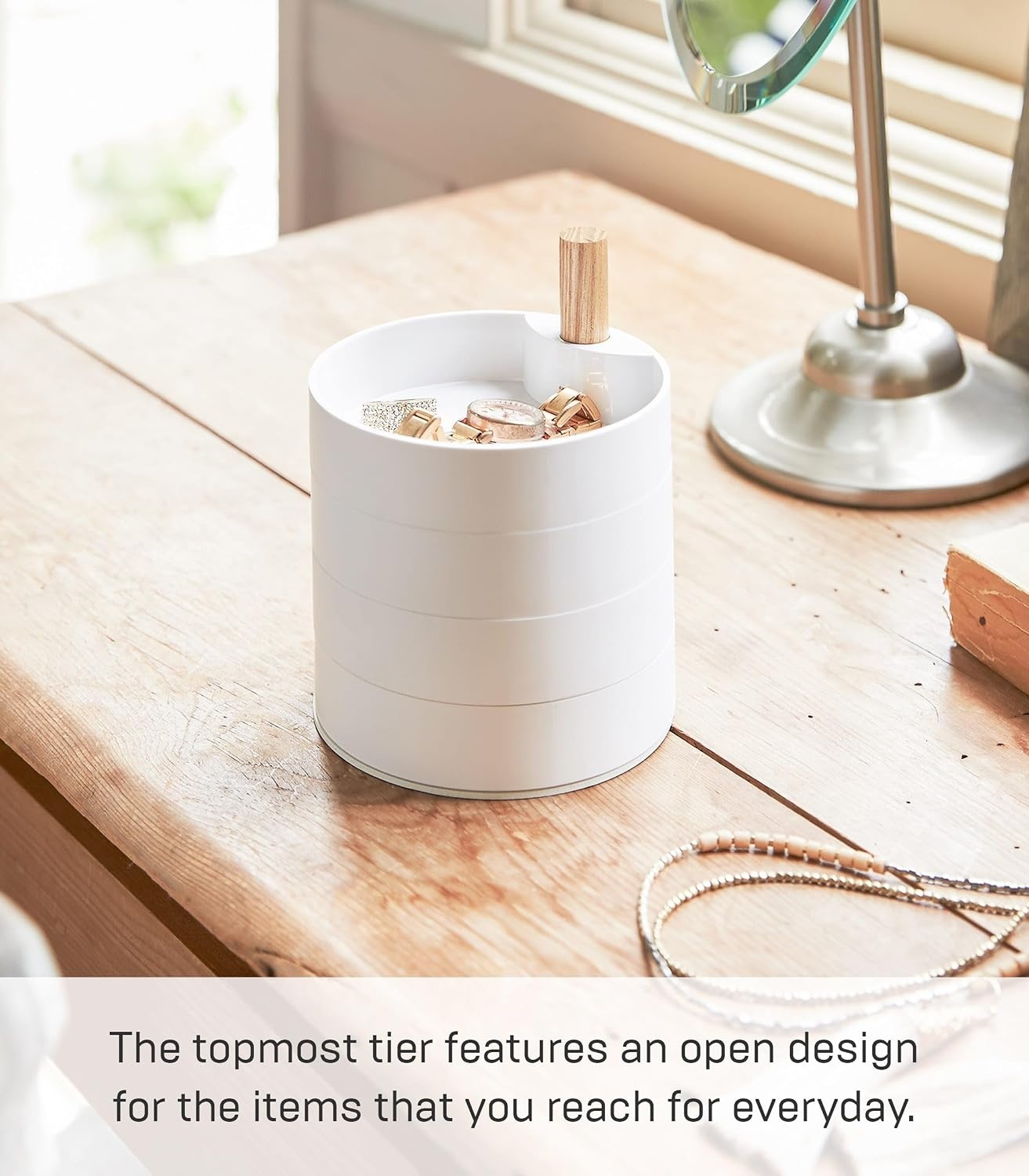 image:imageYAMAZAKI Home Rotating Jewelry Organizer 4Tier Storage Box Stacked Accessory Trays With Wooden Dowel Small Plastic WoodWhite
