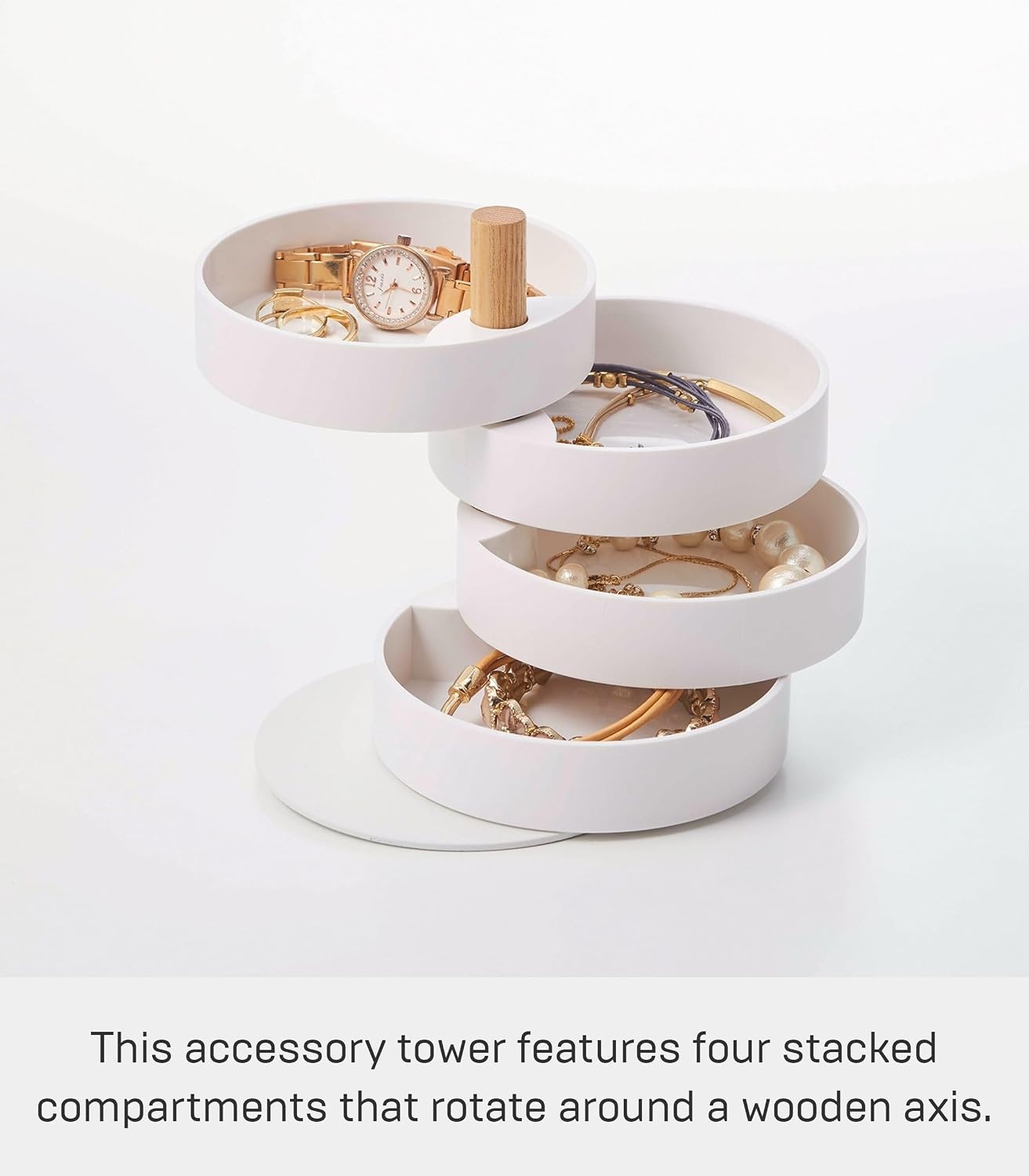 image:imageYAMAZAKI Home Rotating Jewelry Organizer 4Tier Storage Box Stacked Accessory Trays With Wooden Dowel Small Plastic WoodWhite