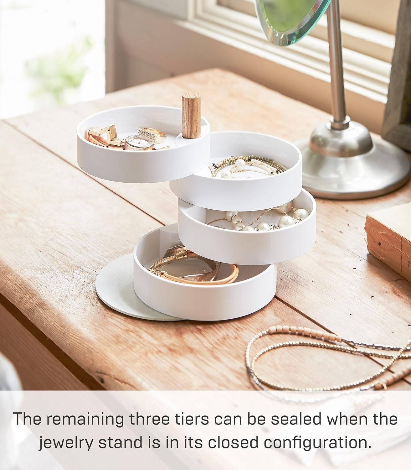 image:imageYAMAZAKI Home Rotating Jewelry Organizer 4Tier Storage Box Stacked Accessory Trays With Wooden Dowel Small Plastic WoodWhite