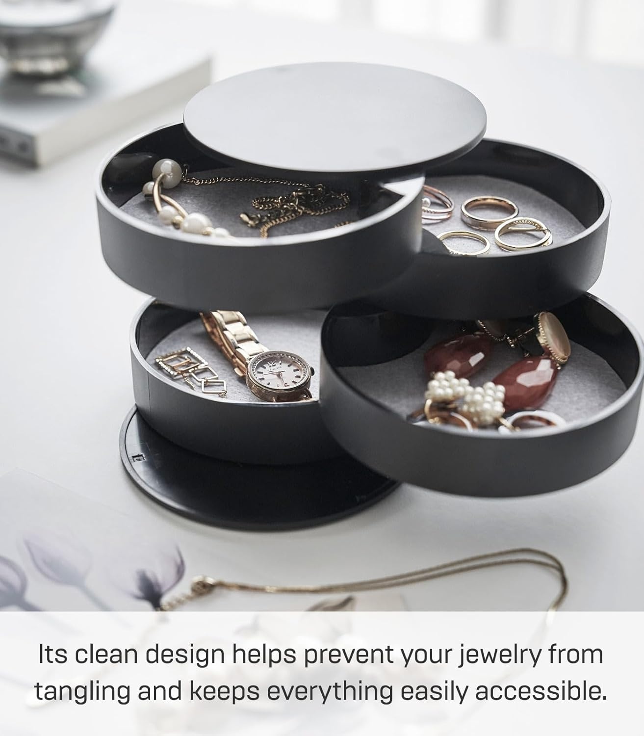 image:imageYAMAZAKI Home Rotating Jewelry Organizer 4Tier Storage Box Stacked Accessory TraysBlack