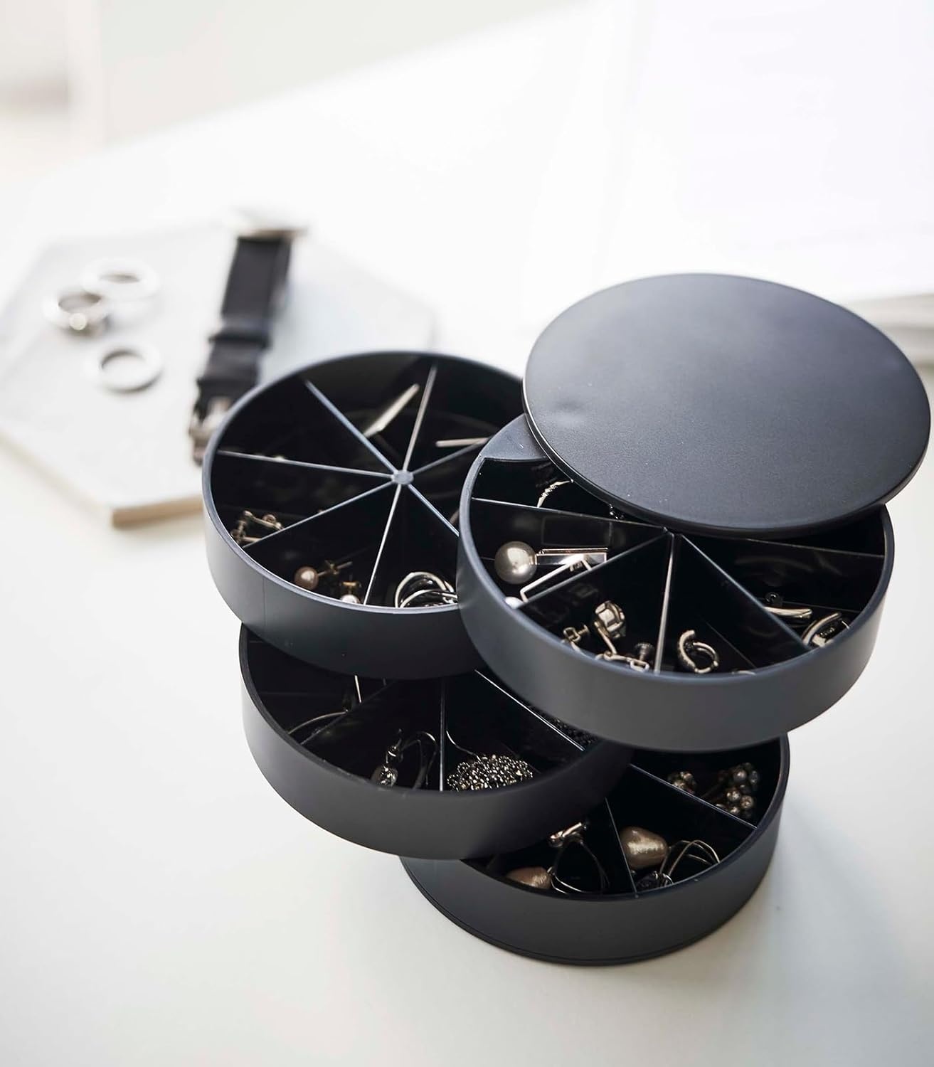image:imageYAMAZAKI Home Rotating Jewelry Organizer 4Tier Storage Box Stacked Accessory TraysBlack