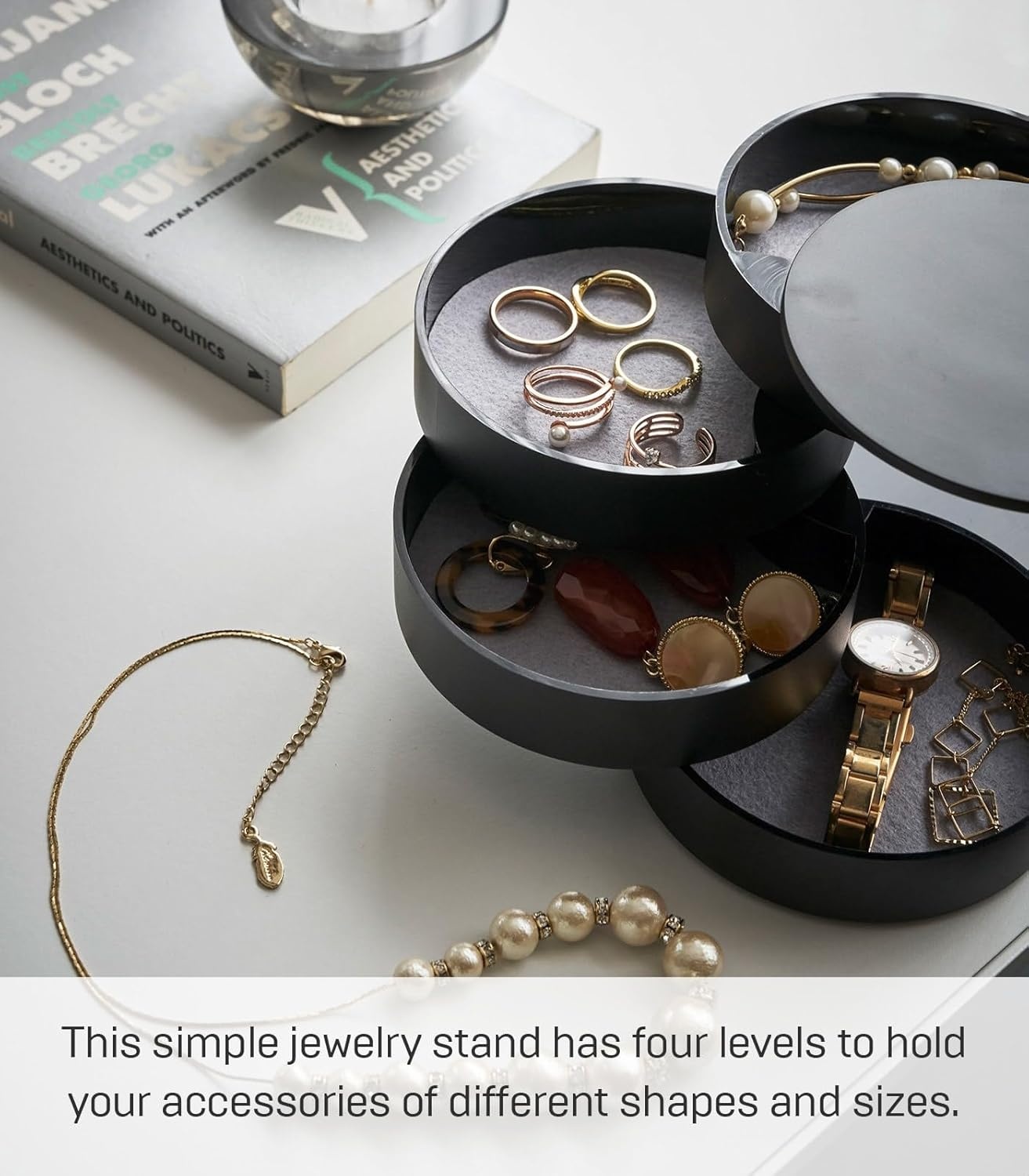 image:imageYAMAZAKI Home Rotating Jewelry Organizer 4Tier Storage Box Stacked Accessory TraysBlack
