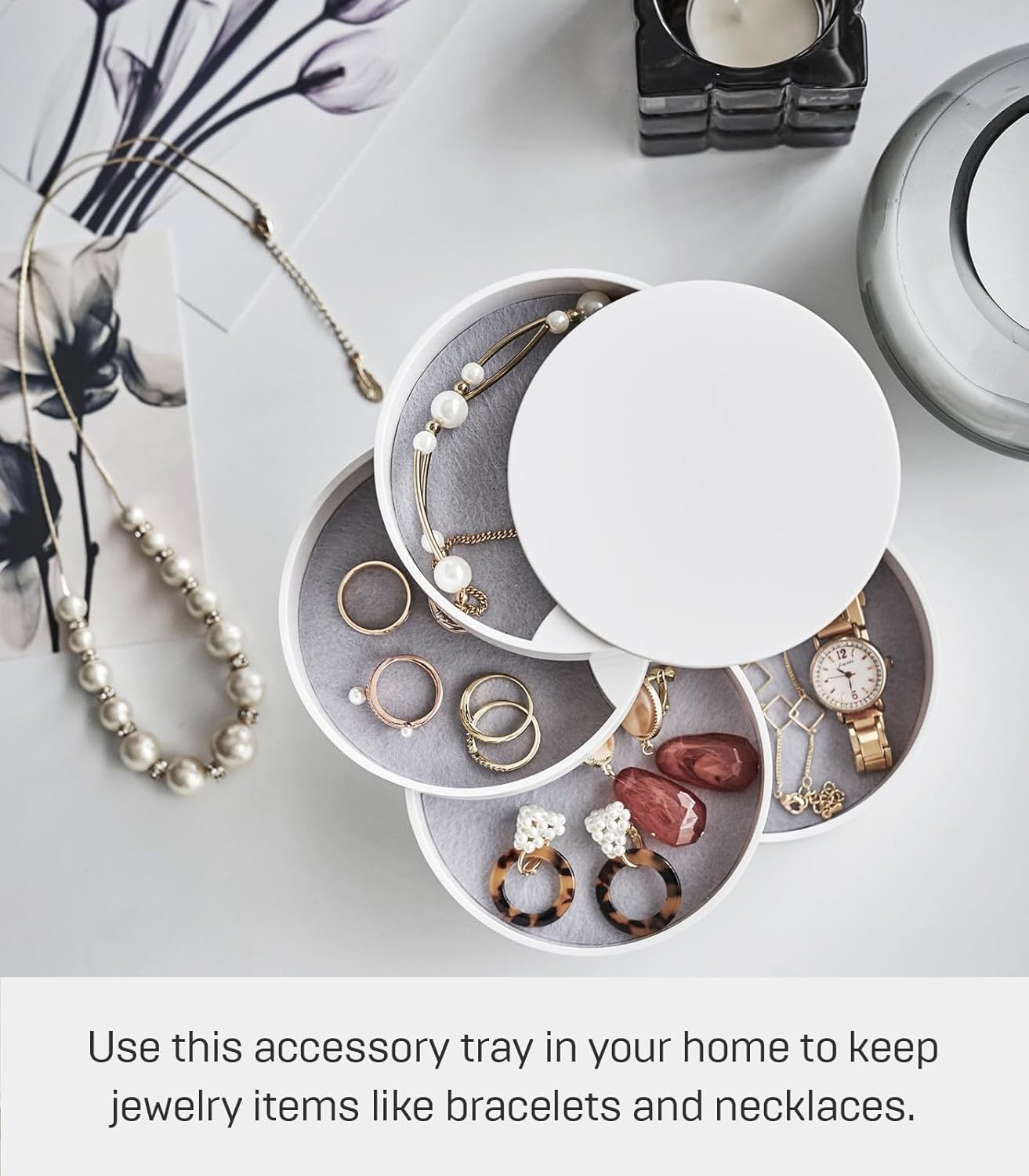image:imageYAMAZAKI Home Rotating Jewelry Organizer 4Tier Storage Box Stacked Accessory TraysWhite