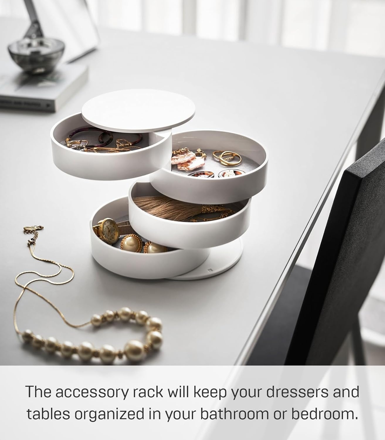 image:imageYAMAZAKI Home Rotating Jewelry Organizer 4Tier Storage Box Stacked Accessory TraysWhite