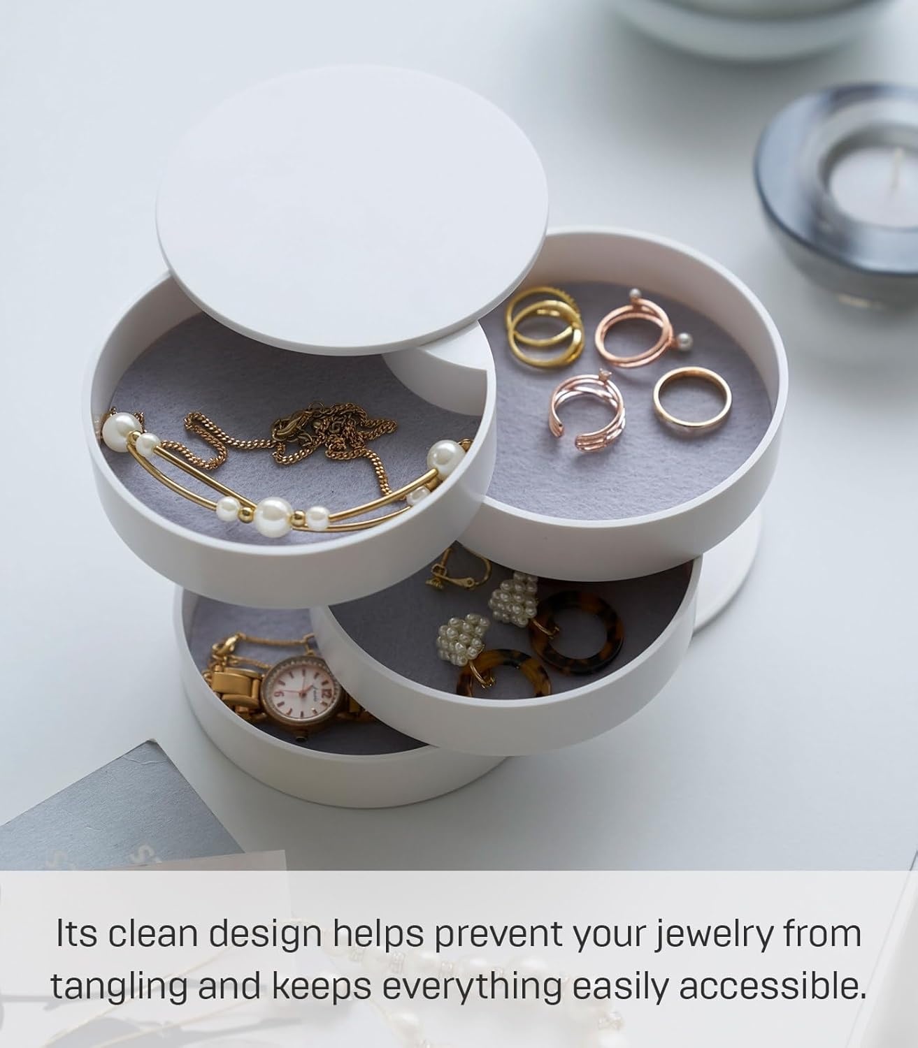 image:imageYAMAZAKI Home Rotating Jewelry Organizer 4Tier Storage Box Stacked Accessory TraysWhite
