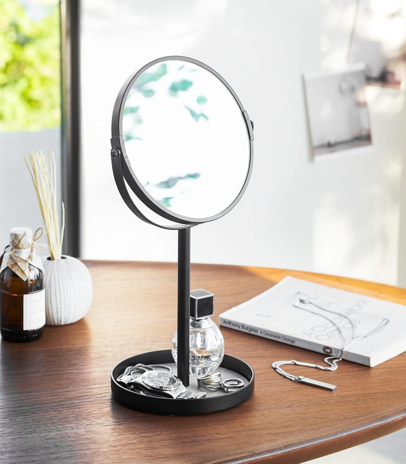 image:imageYAMAZAKI Home Round Standing Mirror Bathroom and Bedroom Organizer with Tray No Assembly ReqBlack