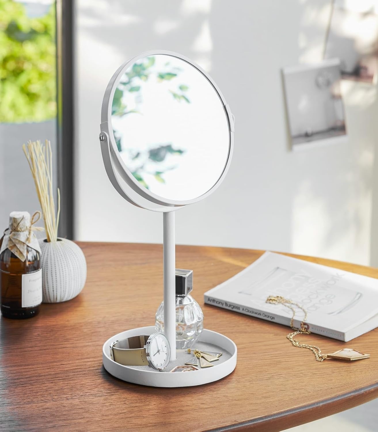 image:imageYAMAZAKI Home Round Standing Mirror Bathroom and Bedroom Organizer with Tray No Assembly ReqWhite
