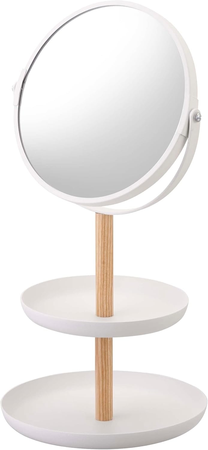 image:imageYAMAZAKI Home Round Standing Mirror with TwoTiered Accessory Trays Bathroom and Bedroom Organizer Steel Wood Mirror Diameter 59 InchesMirror