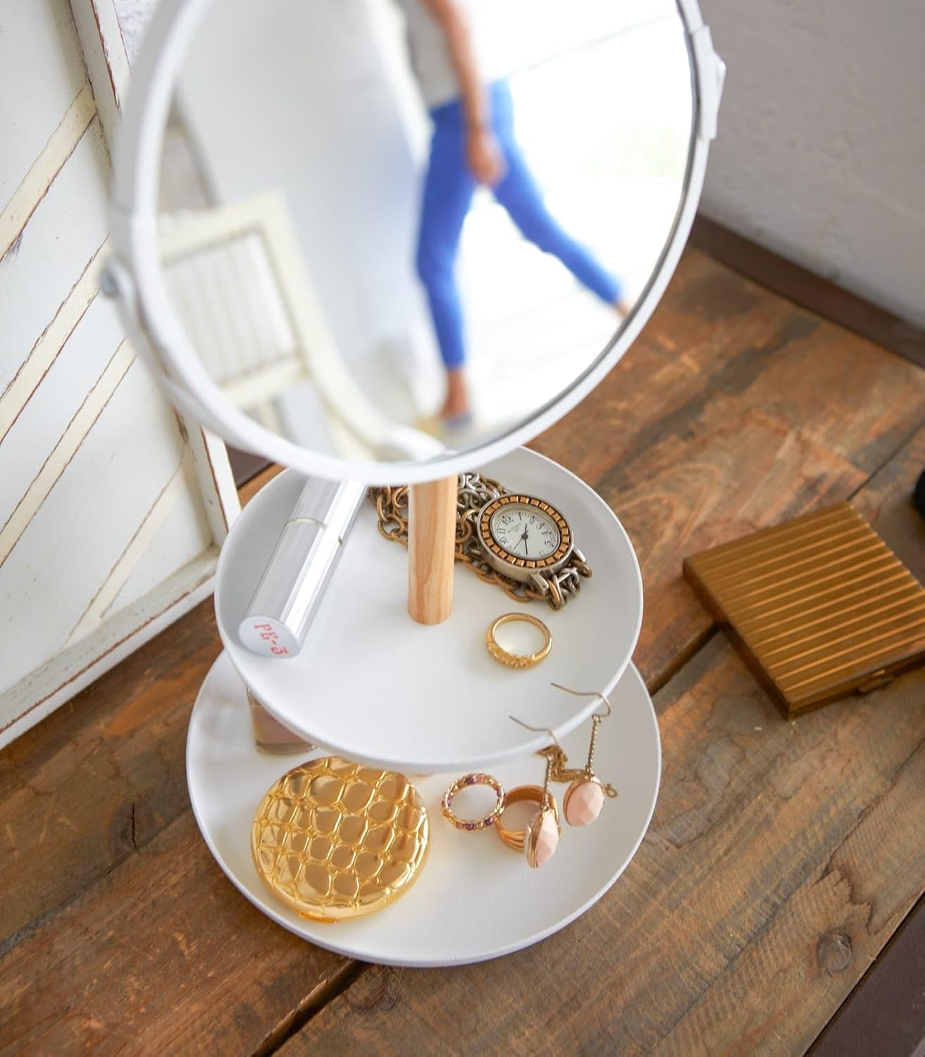 image:imageYAMAZAKI Home Round Standing Mirror with TwoTiered Accessory Trays Bathroom and Bedroom Organizer Steel Wood Mirror Diameter 59 InchesMirror