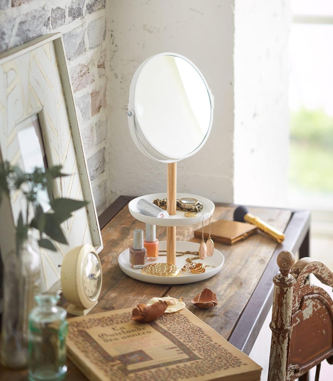 image:imageYAMAZAKI Home Round Standing Mirror with TwoTiered Accessory Trays Bathroom and Bedroom Organizer Steel Wood Mirror Diameter 59 InchesMirror