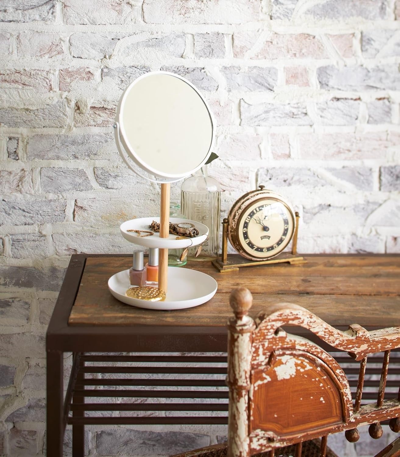image:imageYAMAZAKI Home Round Standing Mirror with TwoTiered Accessory Trays Bathroom and Bedroom Organizer Steel Wood Mirror Diameter 59 InchesMirror