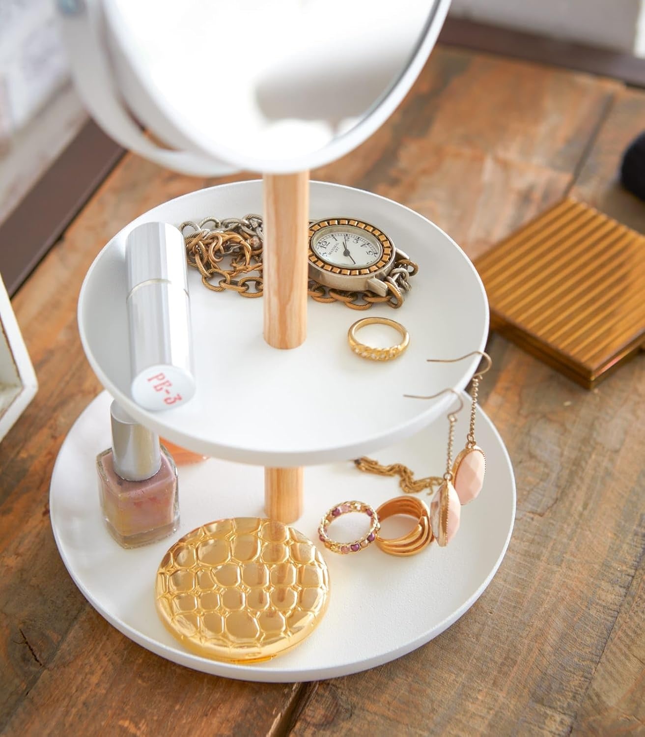image:imageYAMAZAKI Home Round Standing Mirror with TwoTiered Accessory Trays Bathroom and Bedroom Organizer Steel Wood Mirror Diameter 59 InchesMirror