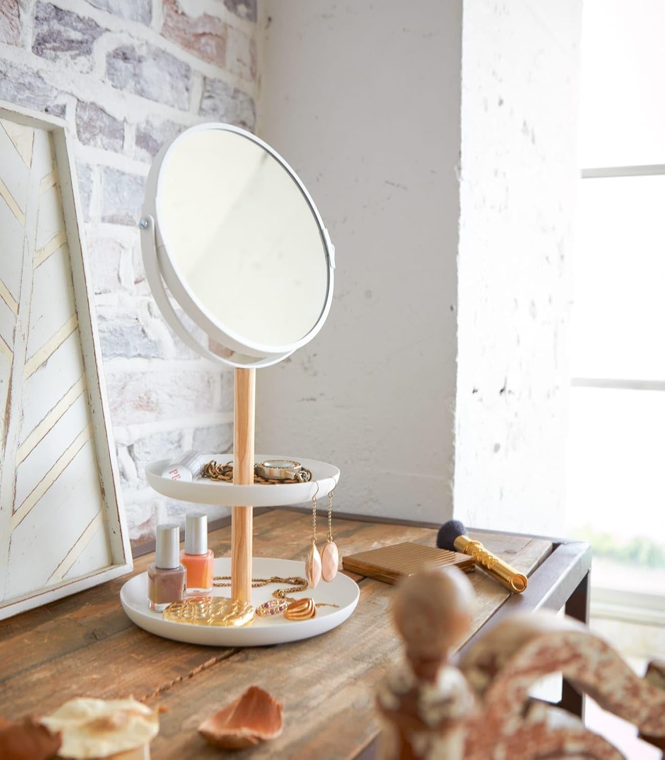 image:imageYAMAZAKI Home Round Standing Mirror with TwoTiered Accessory Trays Bathroom and Bedroom Organizer Steel Wood Mirror Diameter 59 InchesMirror