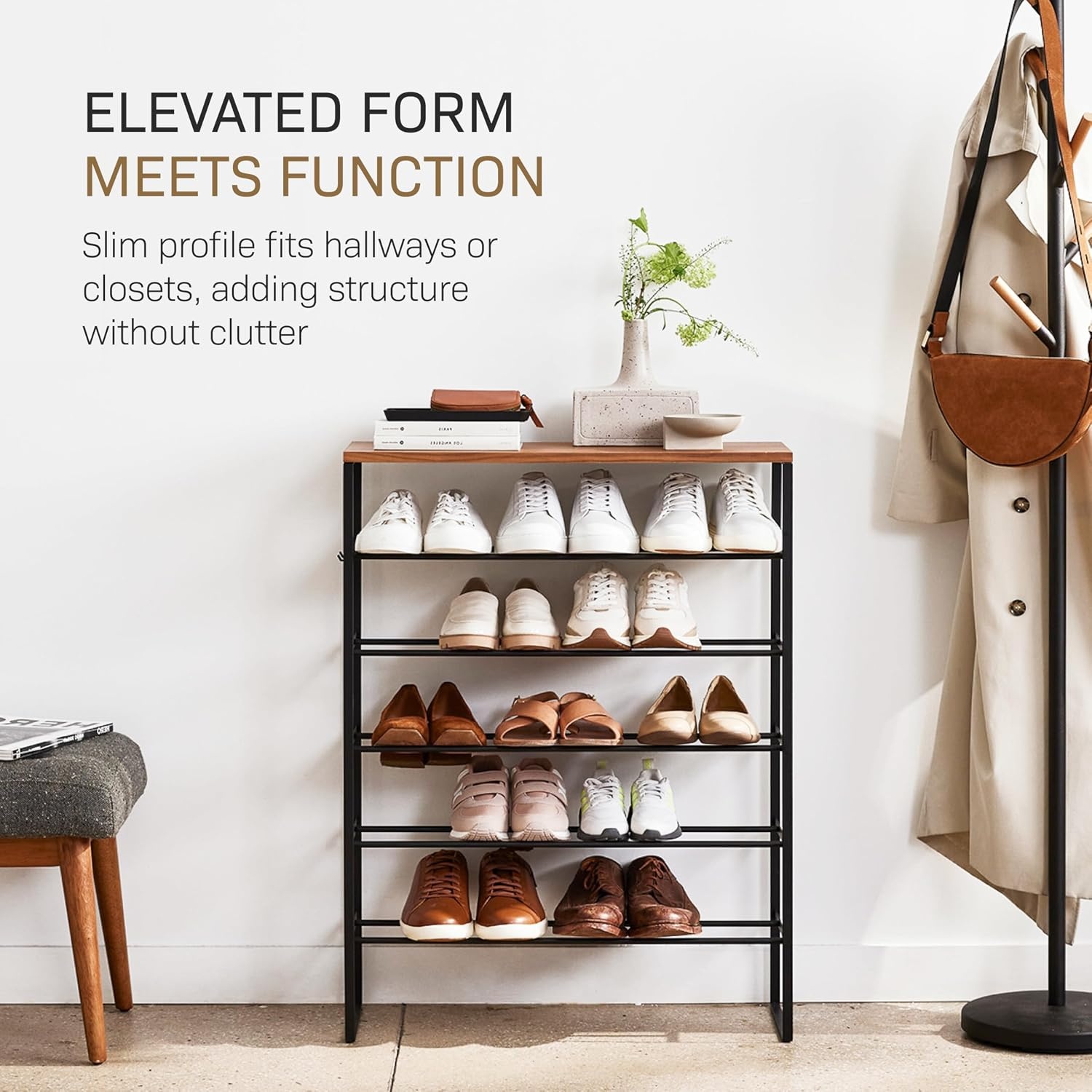 image:imageYAMAZAKI Home SixTier Shoe Organizer Tall Slim Shoe Rack for Entryway or Closet Narrow Metal Shoe Storage with Wooden Top Modern SpaceSaving Design Steel Black Easy AssemblyBlack
