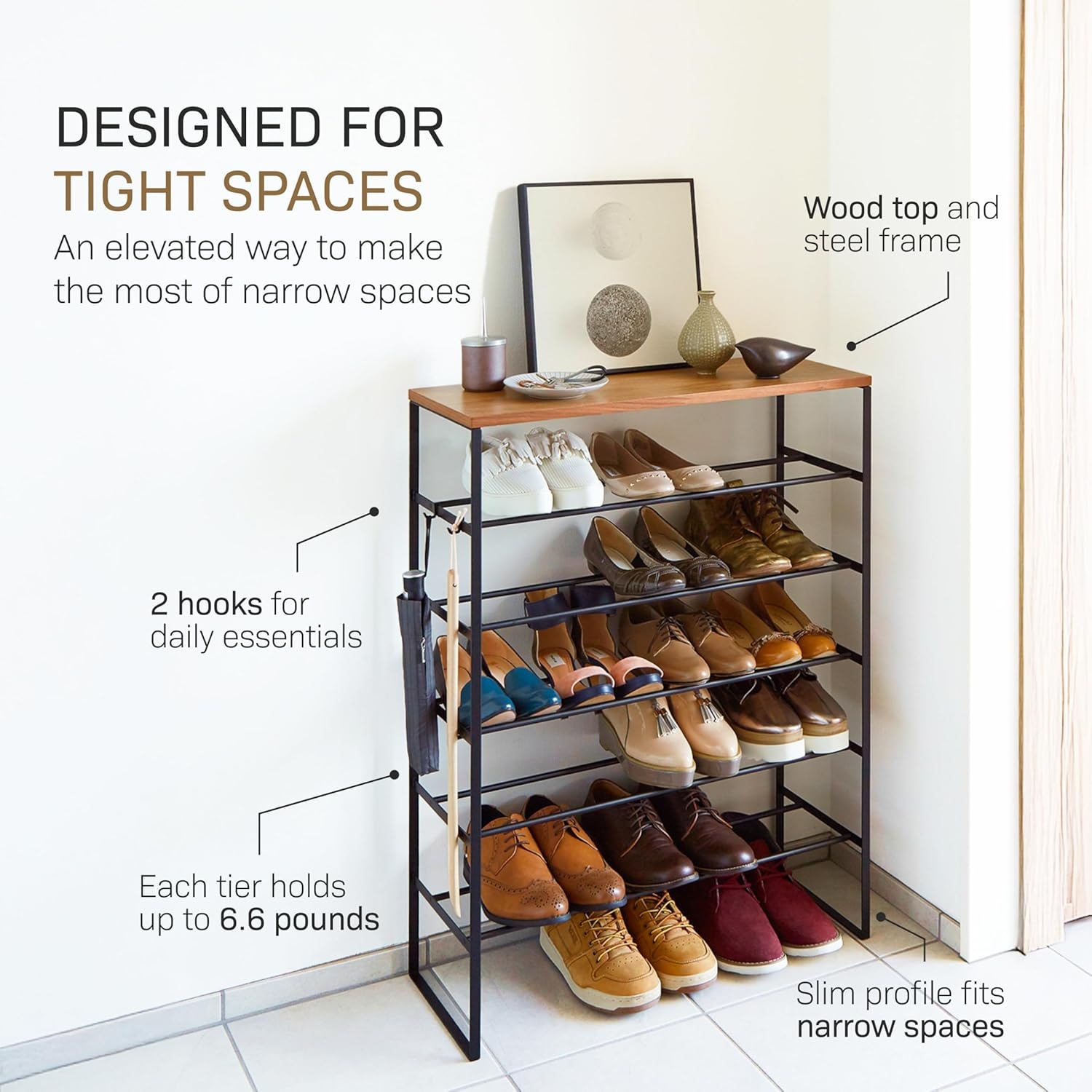 image:imageYAMAZAKI Home SixTier Shoe Organizer Tall Slim Shoe Rack for Entryway or Closet Narrow Metal Shoe Storage with Wooden Top Modern SpaceSaving Design Steel Black Easy AssemblyBlack