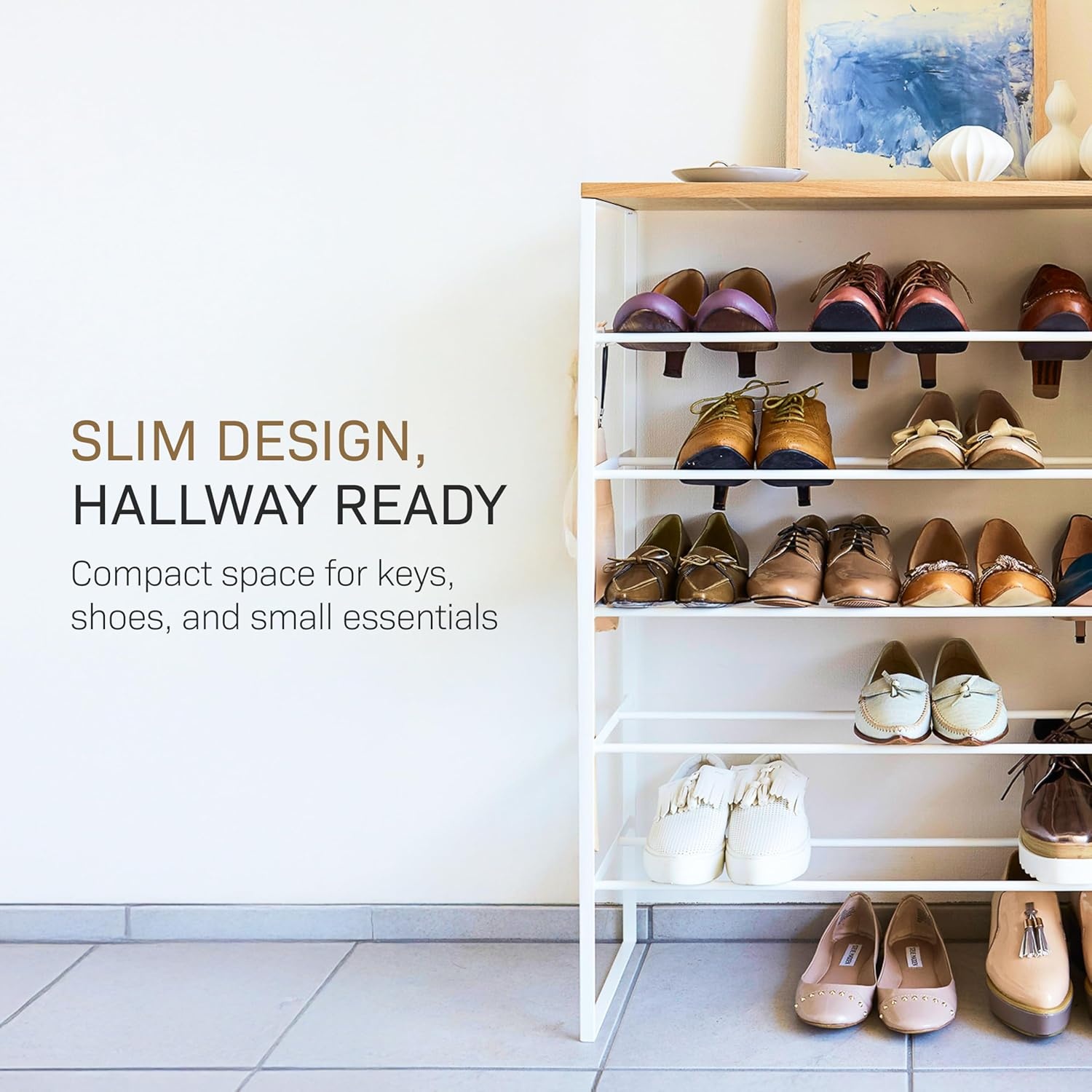 image:imageYAMAZAKI Home SixTier Shoe Organizer Tall Slim Shoe Rack for Entryway or Closet Narrow Metal Shoe Storage with Wooden Top Modern SpaceSaving Design Steel Black Easy AssemblyWhite