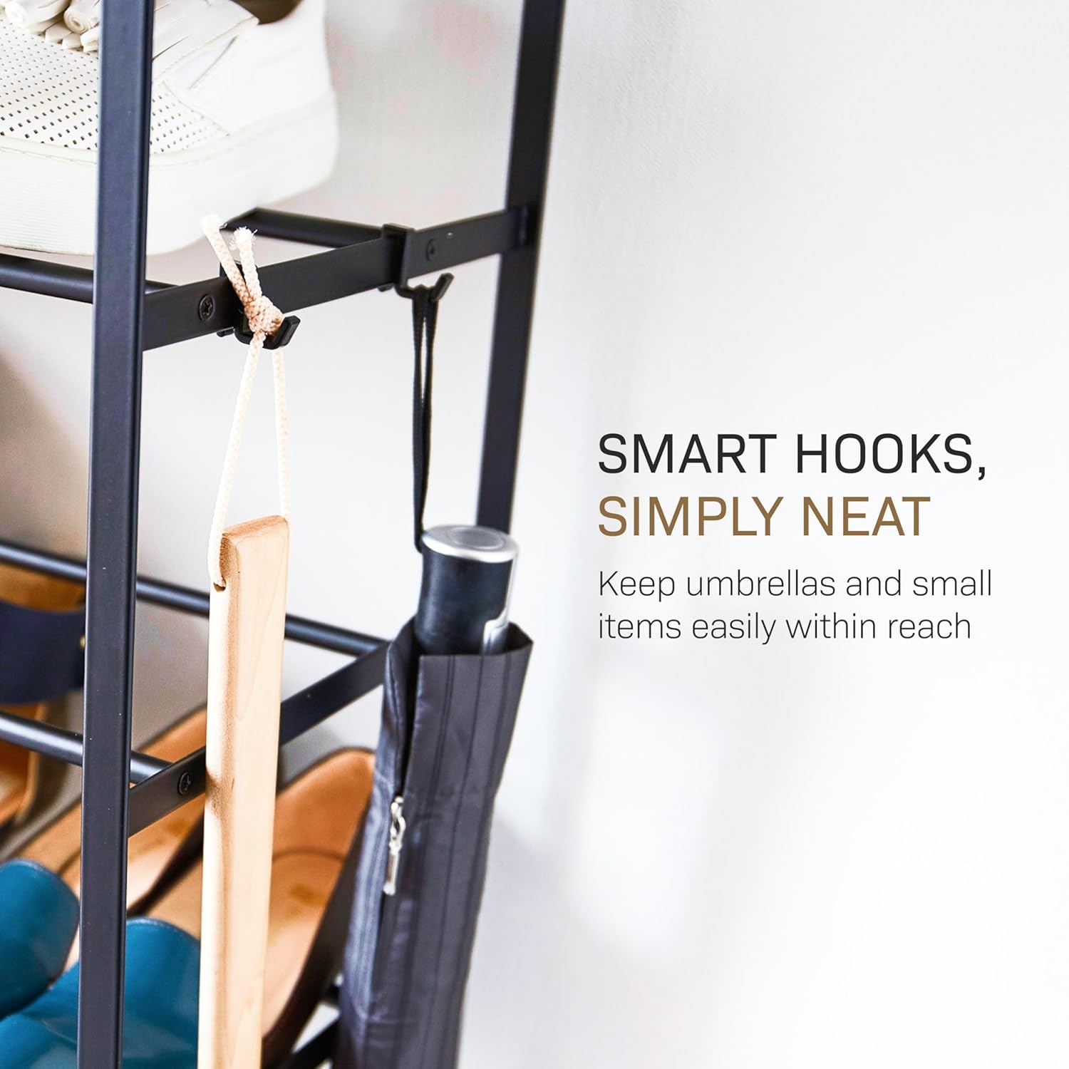 image:imageYAMAZAKI Home SixTier Shoe Organizer Tall Slim Shoe Rack for Entryway or Closet Narrow Metal Shoe Storage with Wooden Top Modern SpaceSaving Design Steel Black Easy AssemblyBlack