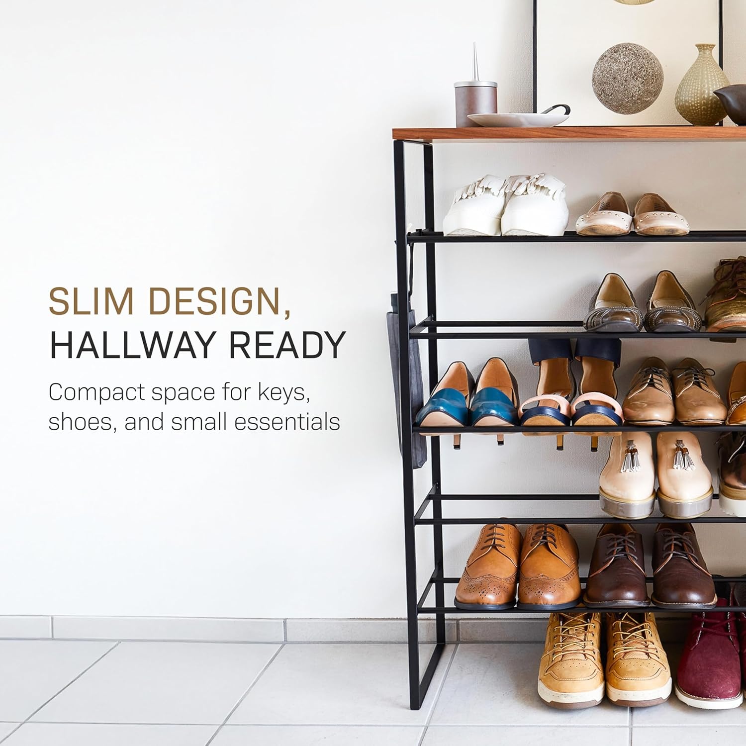 image:imageYAMAZAKI Home SixTier Shoe Organizer Tall Slim Shoe Rack for Entryway or Closet Narrow Metal Shoe Storage with Wooden Top Modern SpaceSaving Design Steel Black Easy AssemblyBlack