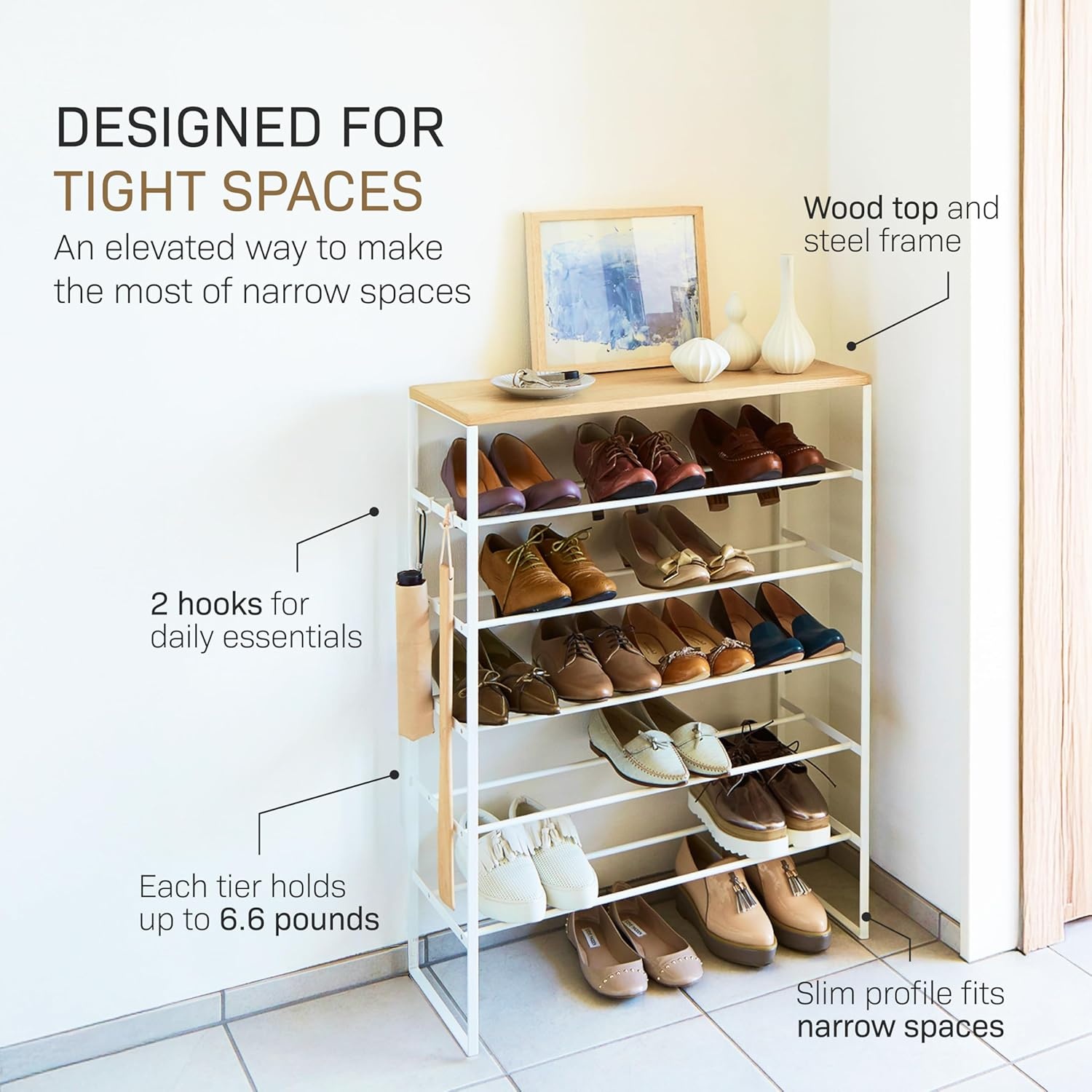 image:imageYAMAZAKI Home SixTier Shoe Organizer Tall Slim Shoe Rack for Entryway or Closet Narrow Metal Shoe Storage with Wooden Top Modern SpaceSaving Design Steel Black Easy AssemblyWhite