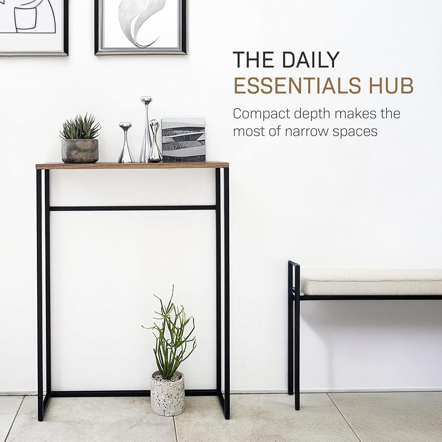 image:imageYAMAZAKI Home Slim Console Table Narrow Entryway Table 24 Inch with Hooks UltraShallow Skinny Table for Small Spaces Modern White Narrow Console Table Steel Wood Easy Assembly ModernBlack