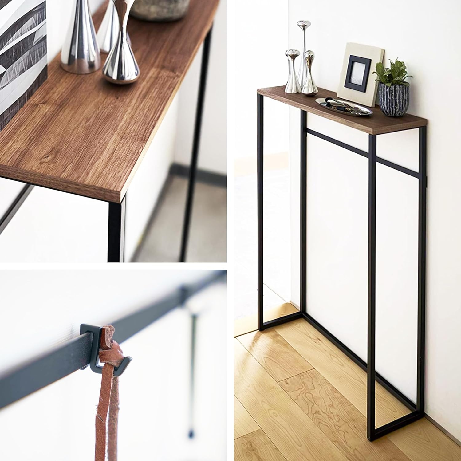 image:imageYAMAZAKI Home Slim Console Table Narrow Entryway Table 24 Inch with Hooks UltraShallow Skinny Table for Small Spaces Modern White Narrow Console Table Steel Wood Easy Assembly ModernBlack