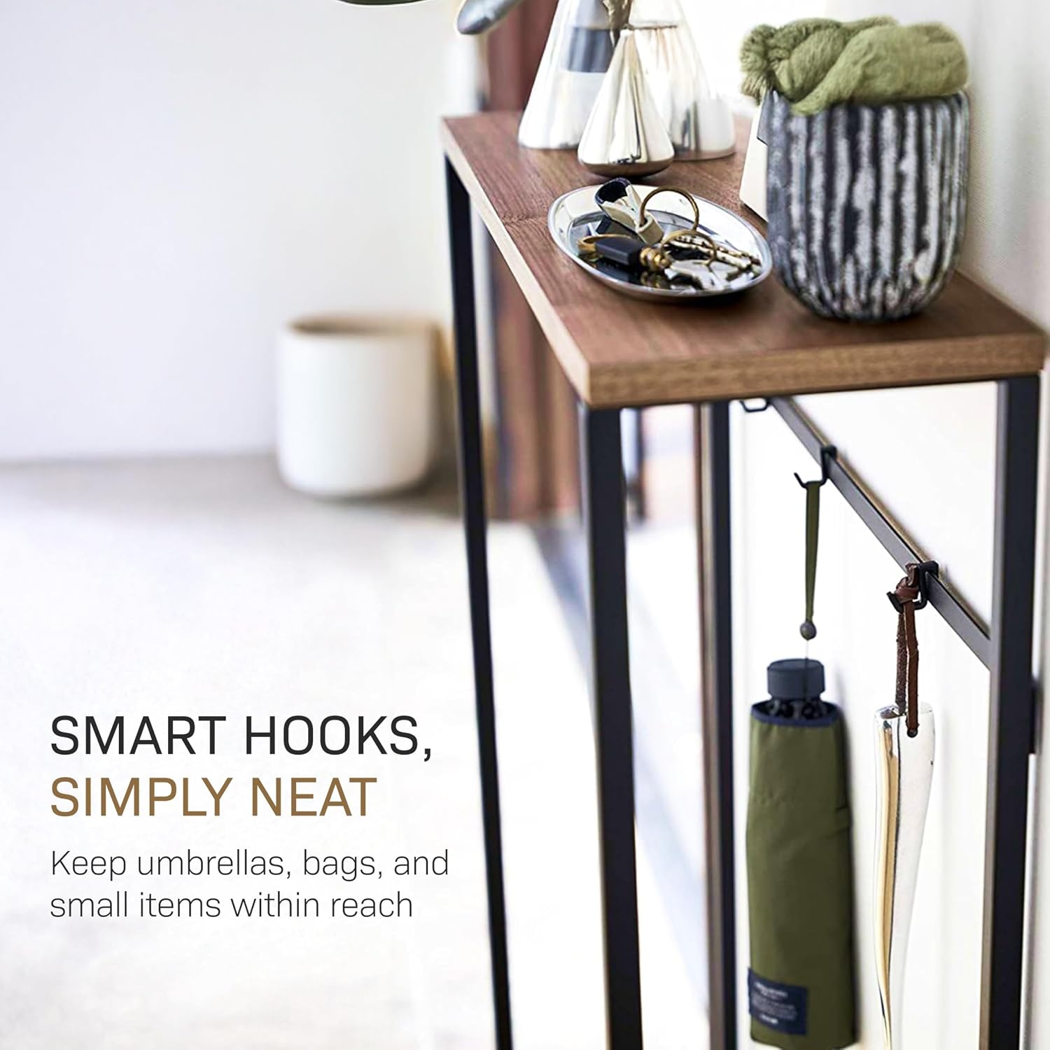 image:imageYAMAZAKI Home Slim Console Table Narrow Entryway Table 24 Inch with Hooks UltraShallow Skinny Table for Small Spaces Modern White Narrow Console Table Steel Wood Easy Assembly ModernBlack